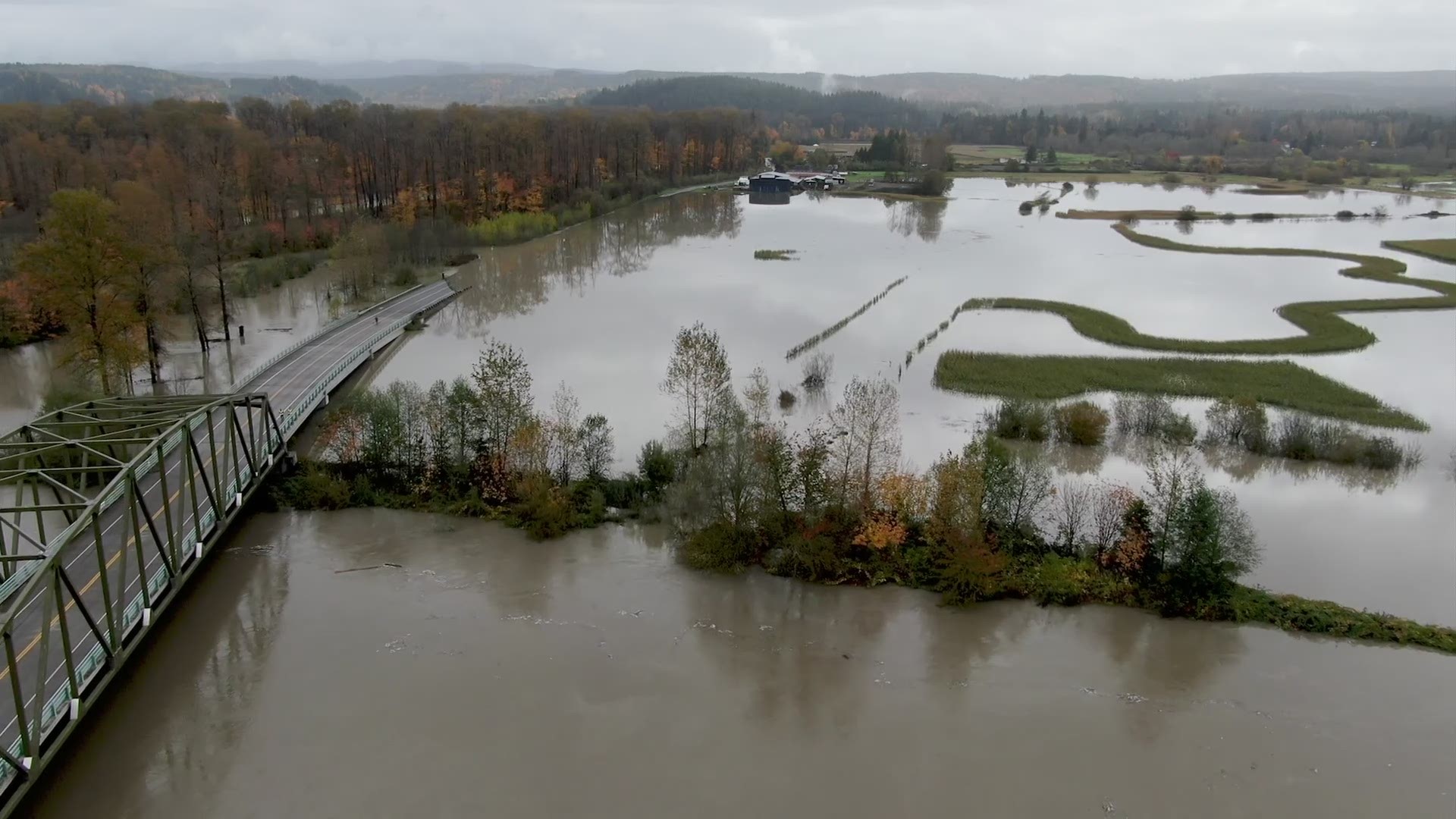 One of the KING 5 drones captured flooding conditions around the Snoqualmie area after heavy rains moved into the area on Oct. 22, 2019.