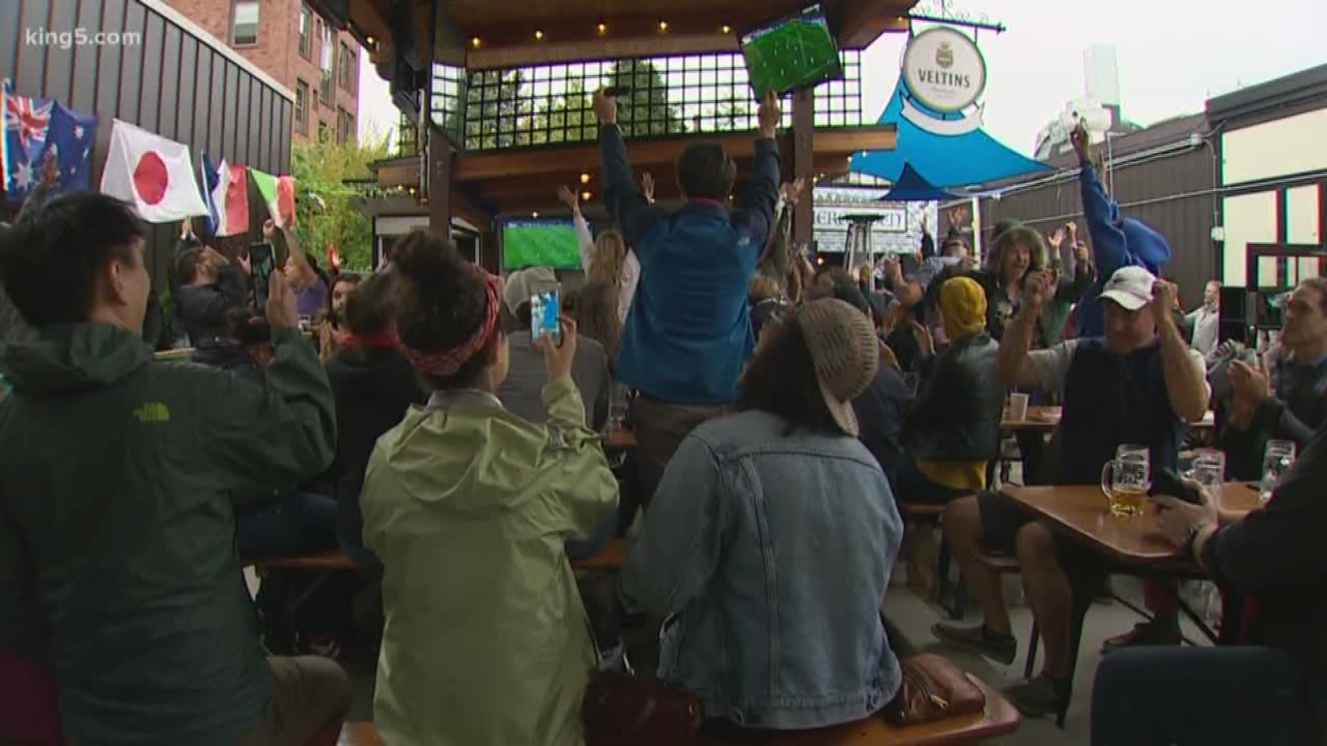 Seattle's Megan Rapinoe and her UW Women's Soccer teammates have made headlines for more than one reason. KING 5's Chris Daniels reports from Tuesday's watch party.