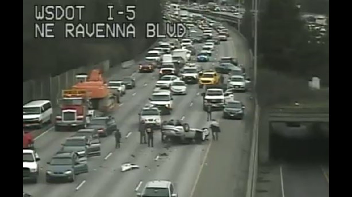 Rollover crash blocks 3 lanes of SB I-5 in Seattle | king5.com