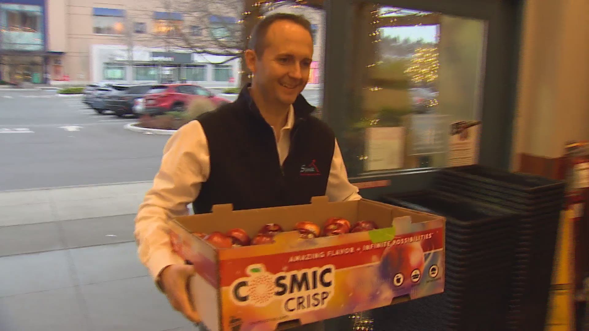 The first-ever delivery of Cosmic Crisp apples, bred at WSU, arrived for sale at the University Village QFC in Seattle on Sunday.