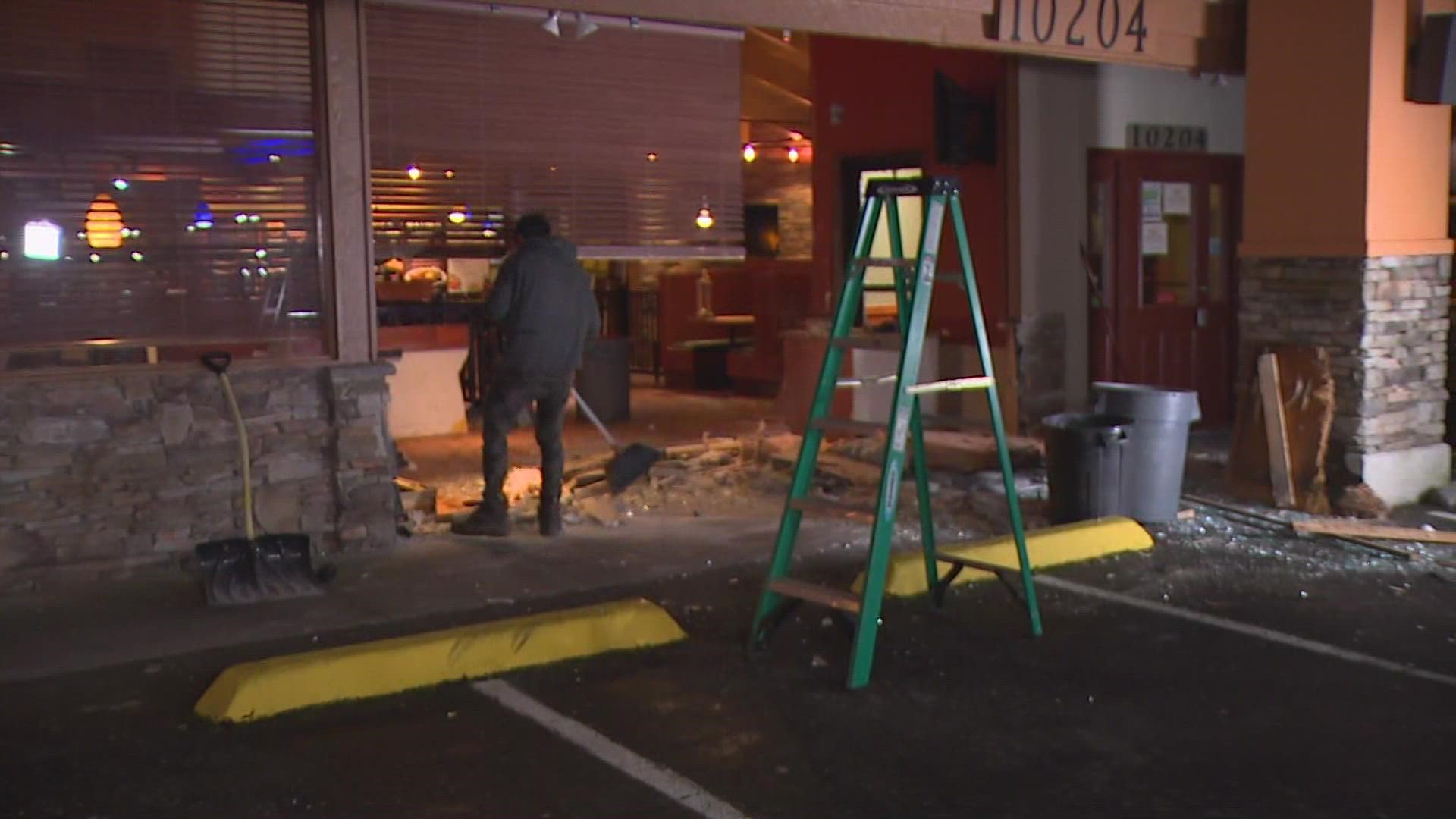 Police are investigating after a vehicle slammed into the front of a restaurant in Lakewood early Monday morning.