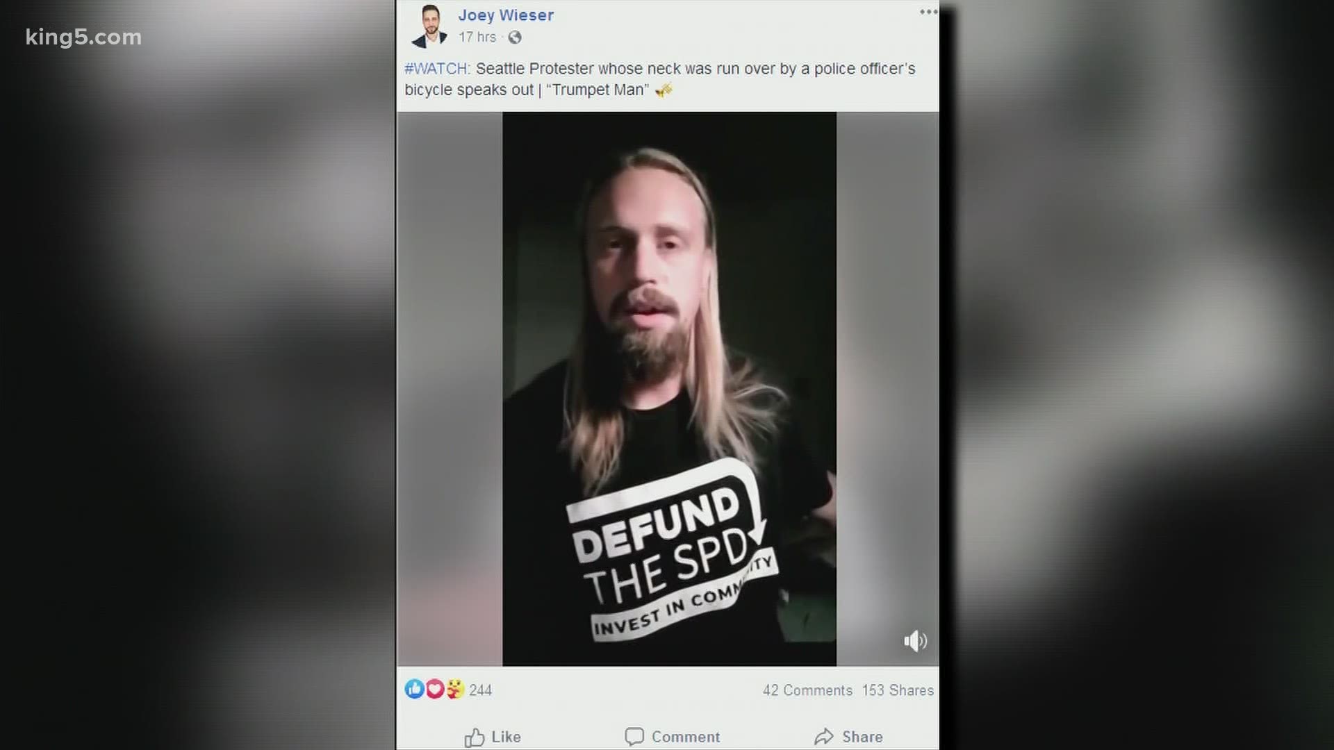 "Trumpet Man," a regular at Seattle protests, posted a video on social media about getting run over by a Seattle Police officer's bicycle.