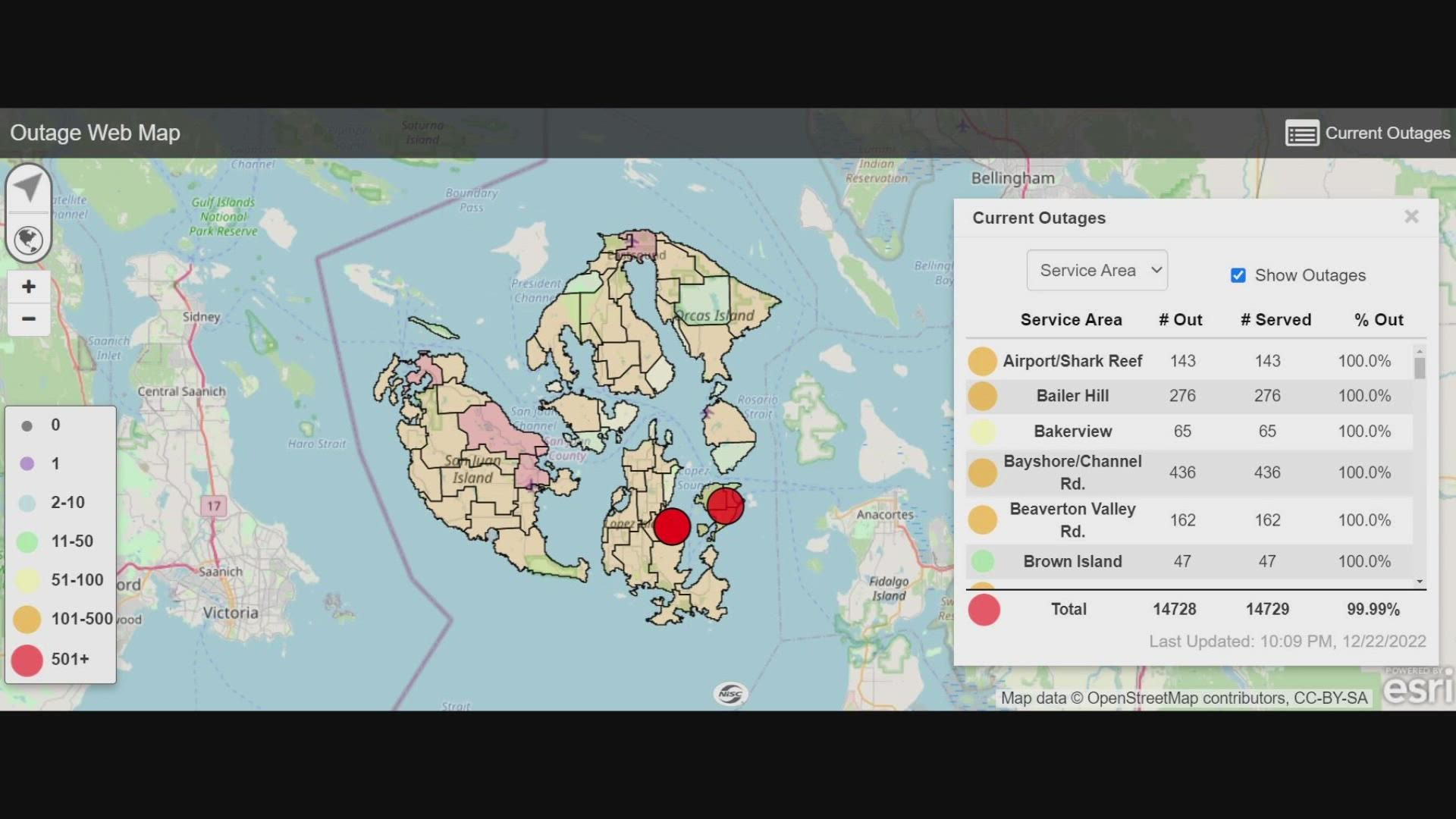 An issue on the mainland knocked out power to almost 15,000 people on Thursday night.