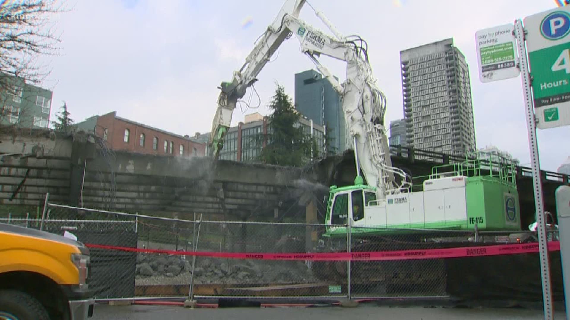 KING 5's Glenn Farley is back out by the viaduct, which is slowly being chipped away.