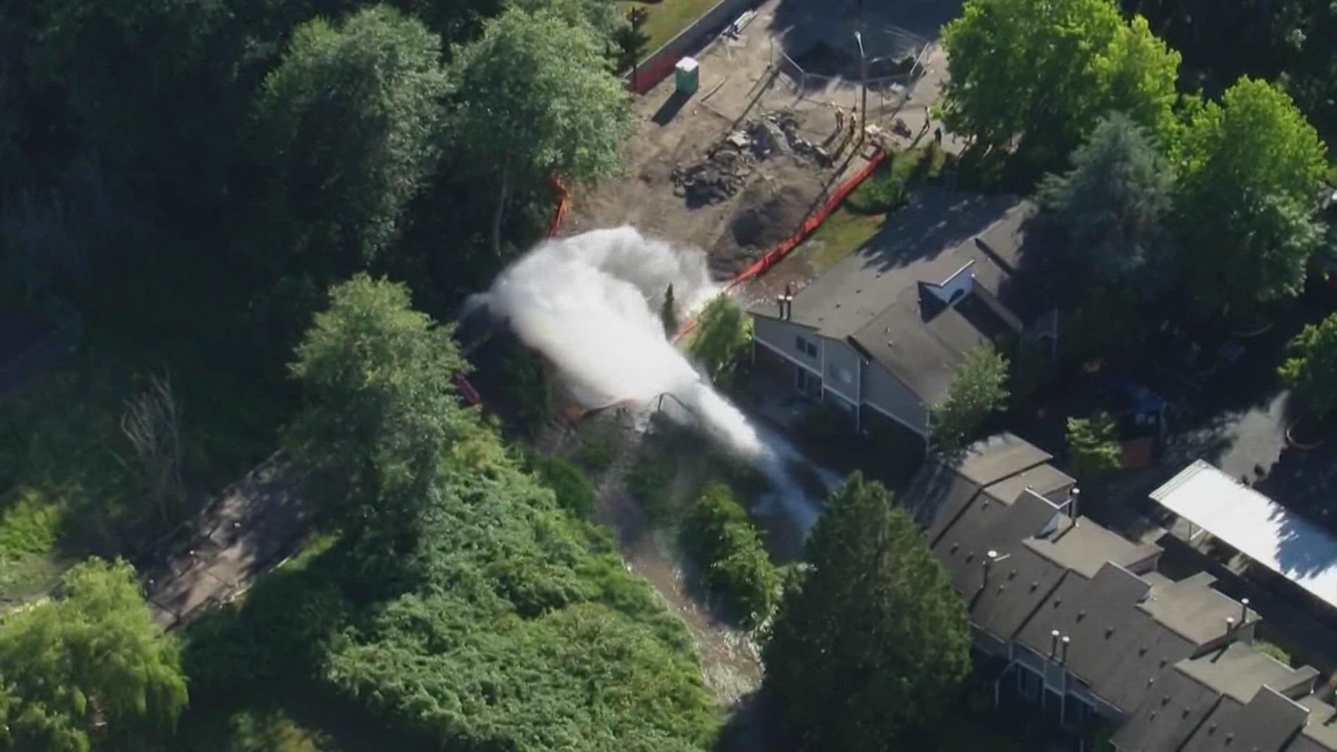 The water main could be seen gushing water nearby two apartment buildings on SkyKING video. Seattle Public Utilities is working to determine the cause.