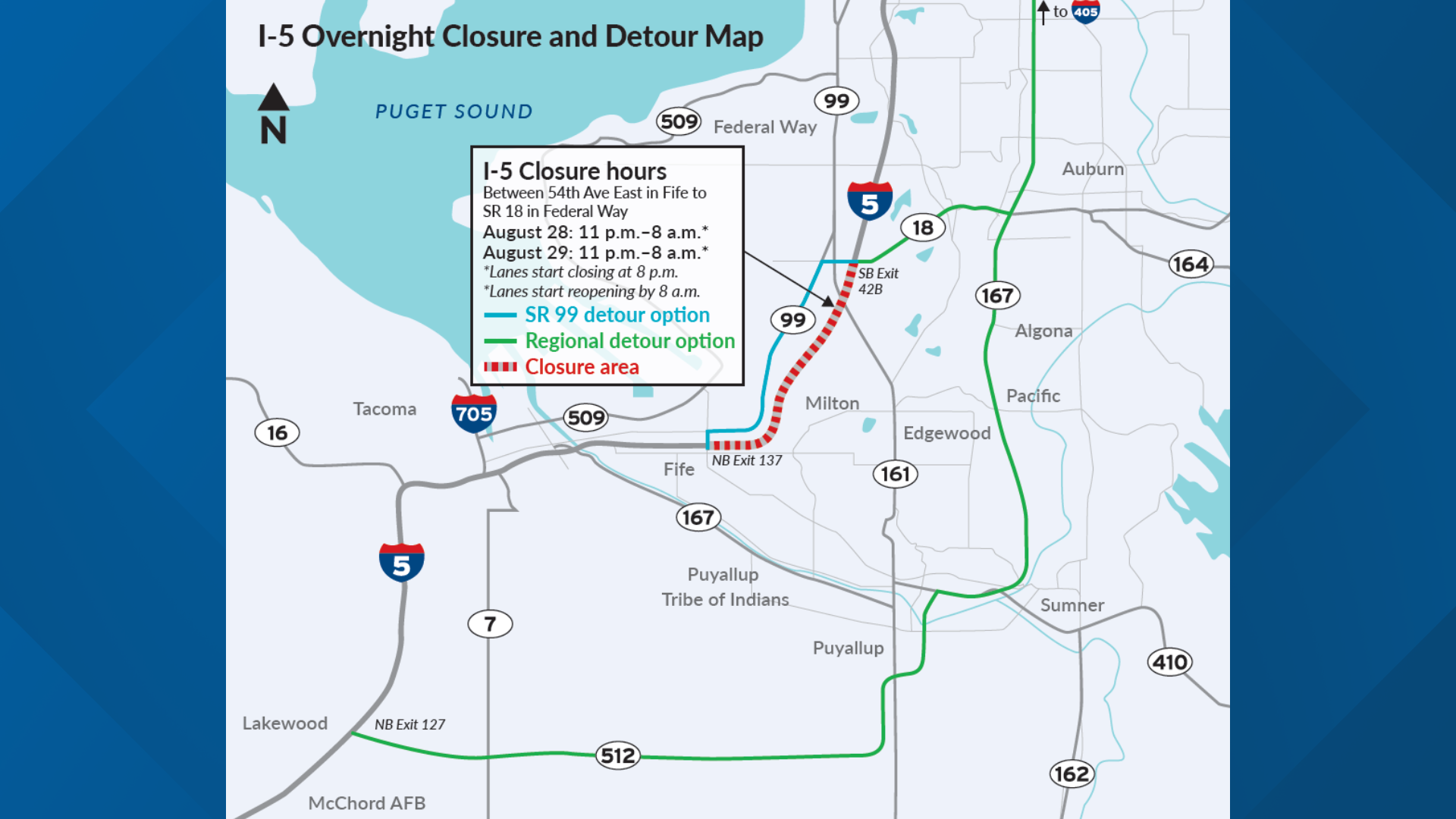 Interstate 5 will be closed from 54th Avenue East in Fife and SR 18 in Federal Way from 11 p.m. to 8 a.m. on Friday and Saturday nights.