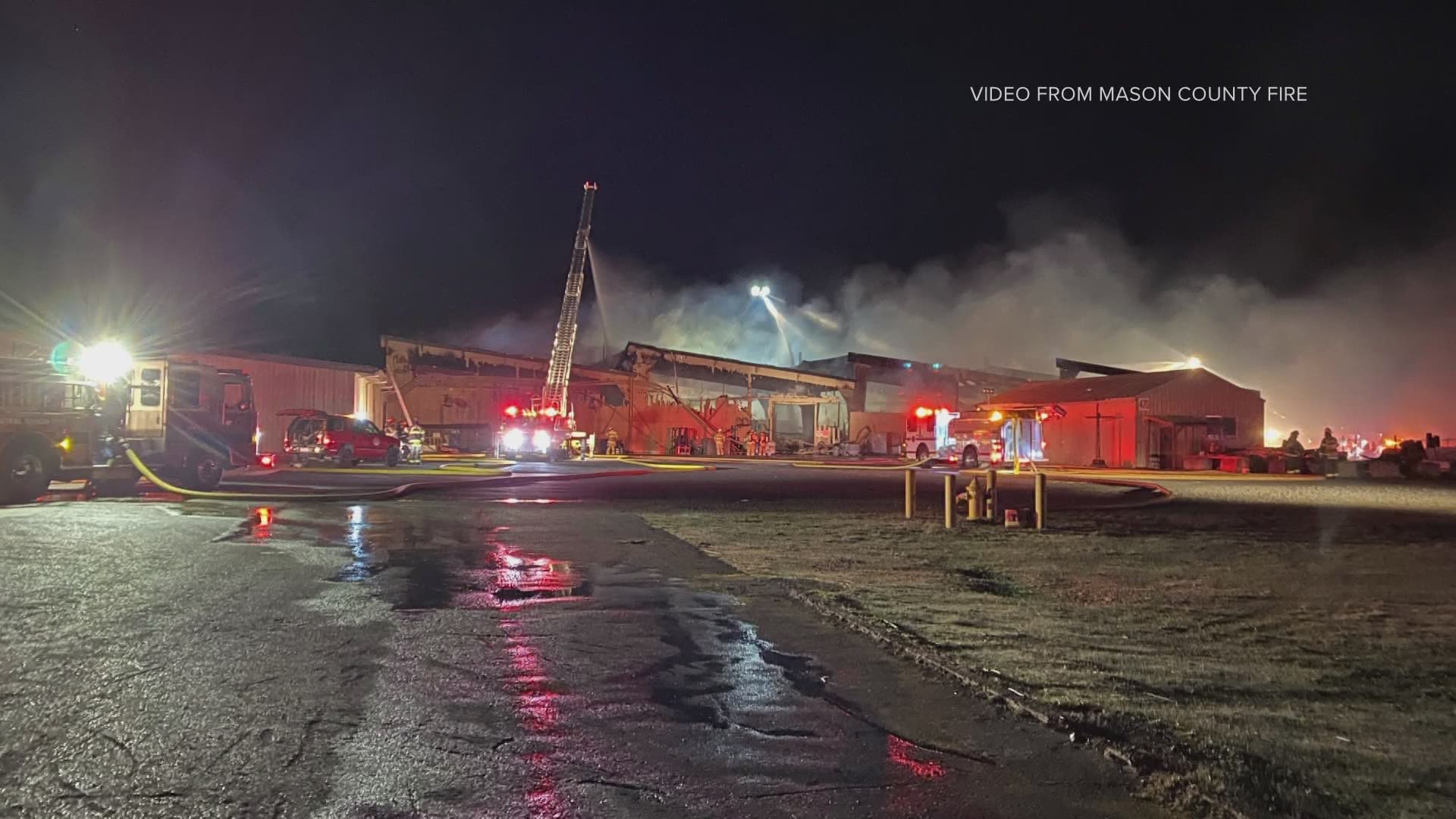 The three alarm fire destroyed a large manufacturing business.  No injuries were reported.