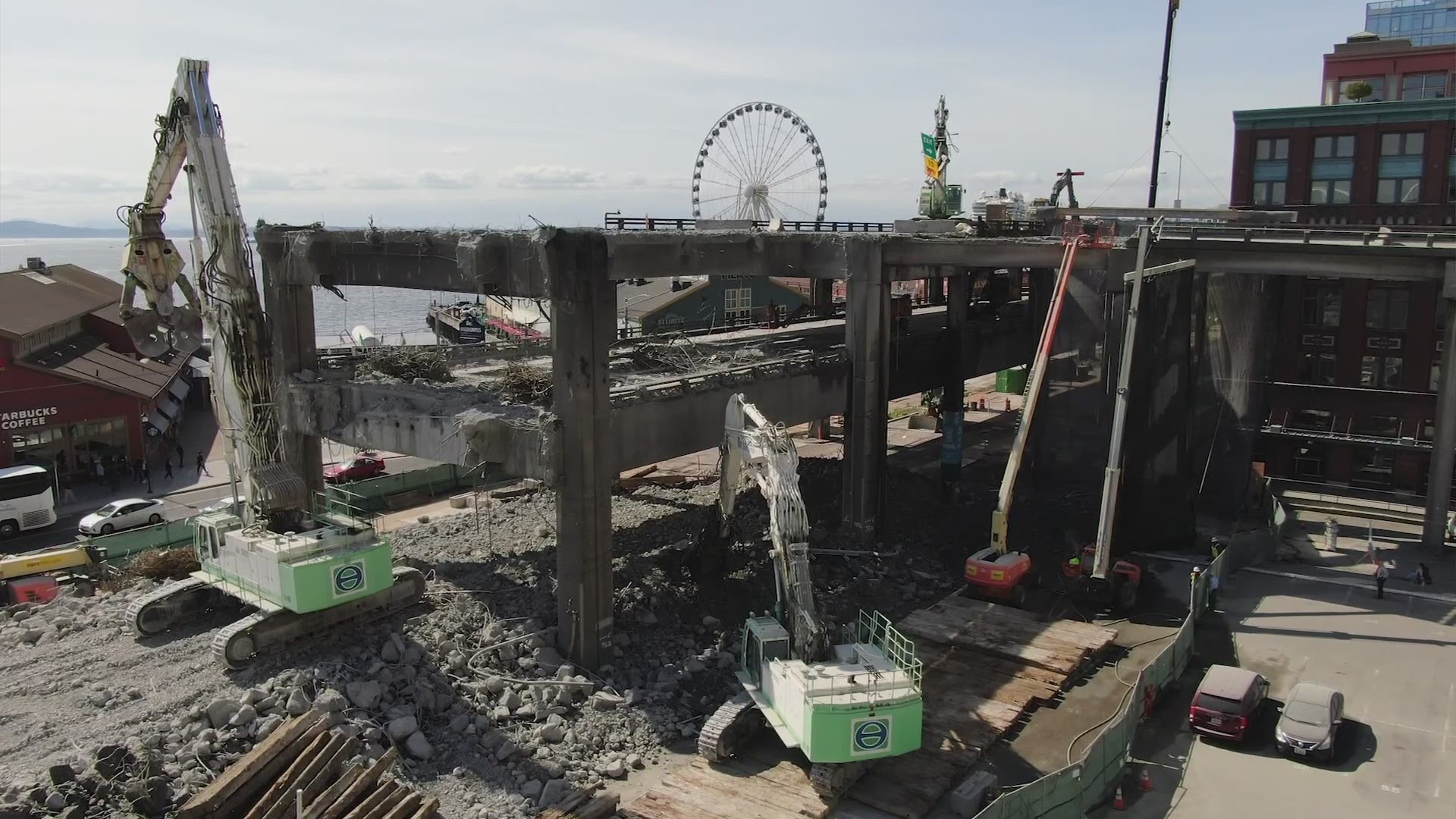 Drone video shows the progress of demolition of the Seattle viaduct.
