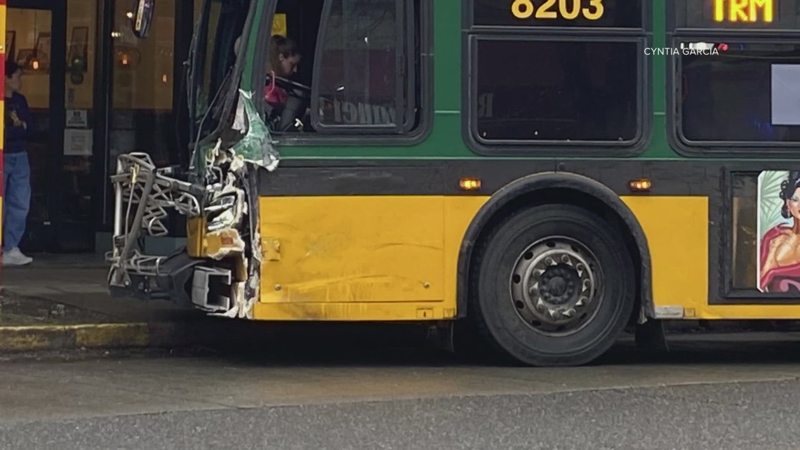Video shows Metro bus crash into cars in Greenwood | king5.com