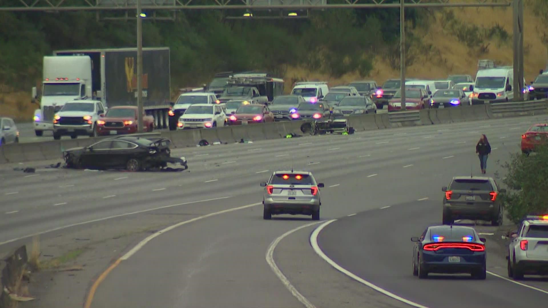 A crash involving three cars and a motorcycle blocked all southbound lanes of I-5 in Tacoma for more than six hours early Tuesday morning.