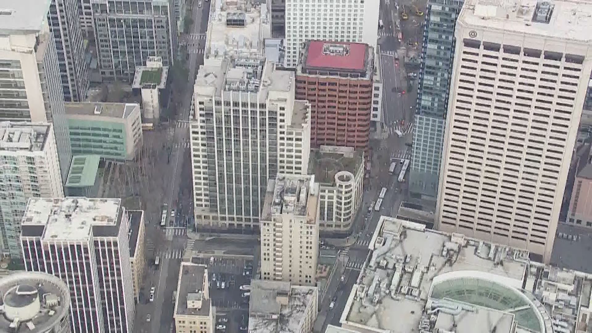 Aerials of Nordstrom's corporate offices at 1700 7th Ave. in Seattle on Feb. 3, 2021.