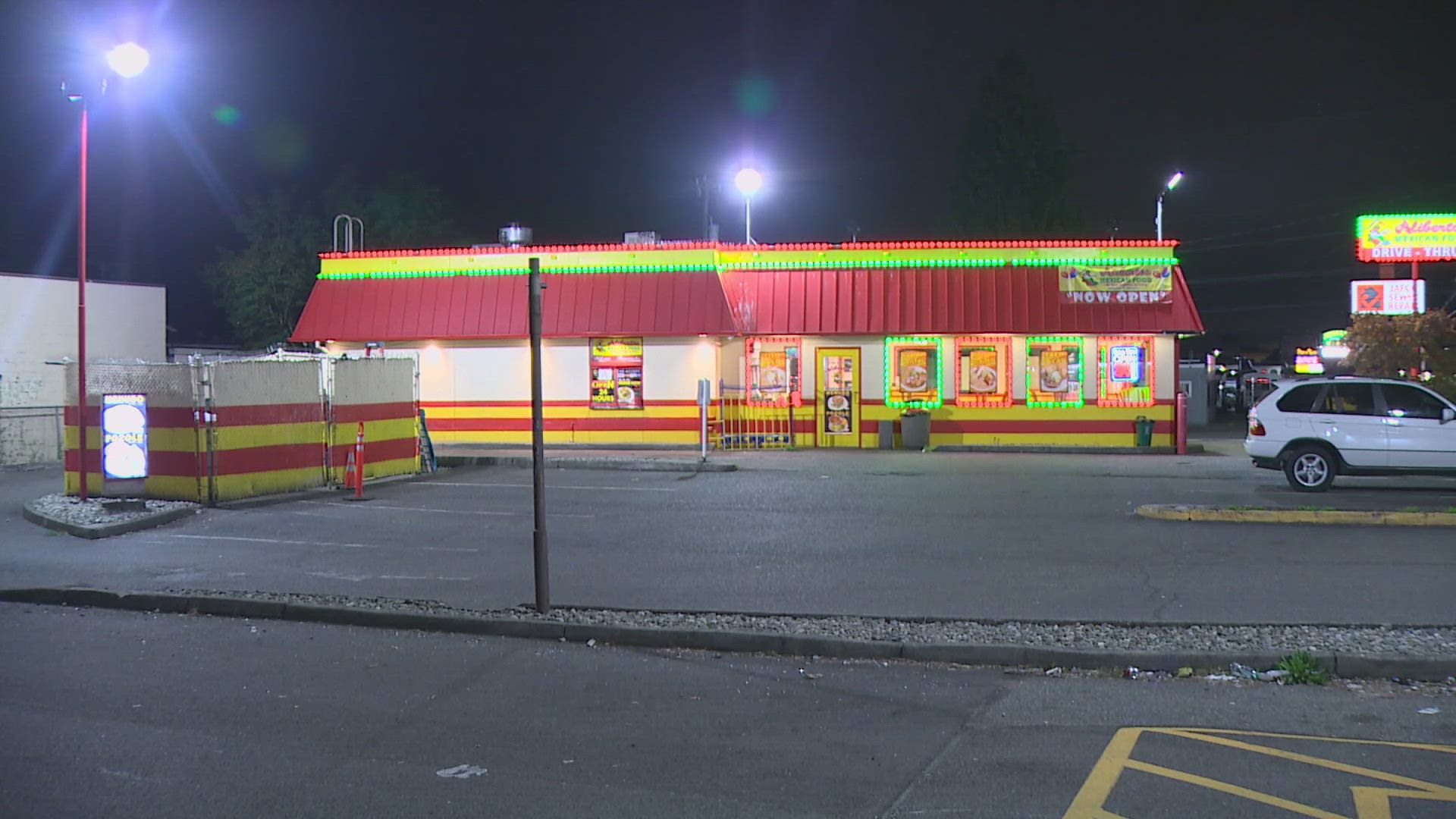 A 27-year-old man was shot in the leg after a fight broke out in the Aliberto's drive-thru on Aurora Avenue in North Seattle.