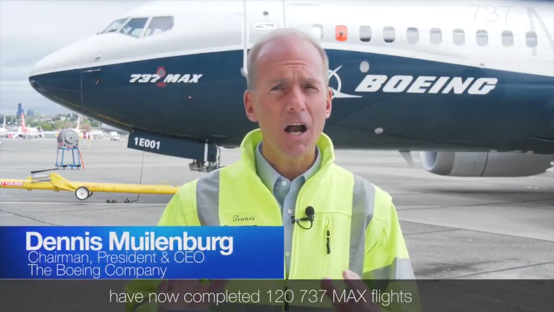 Boeing CEO Dennis Muilenberg took a test flight on a 737 MAX plane over Seattle and released a video statement Wednesday.