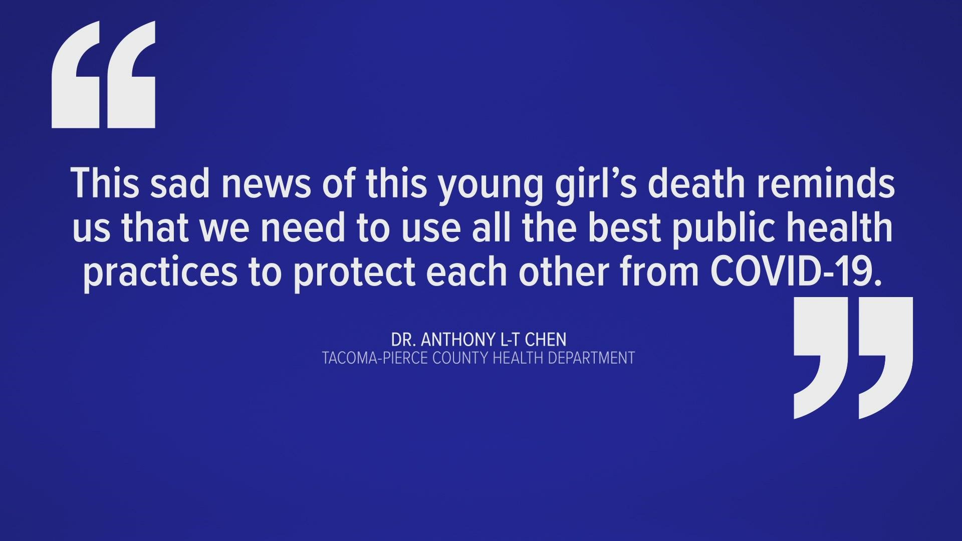 A Lakewood girl under 10 years of age has become the first child to die due to COVID-19 in Pierce County, health officials reported Friday.