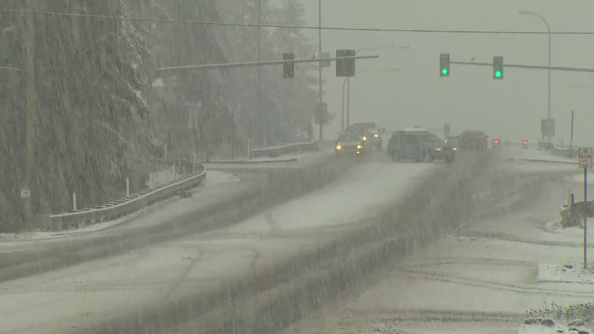 A KING 5 photographer captured heavy snow falling in Arlington, Washington on Sunday, February 3, 2019.