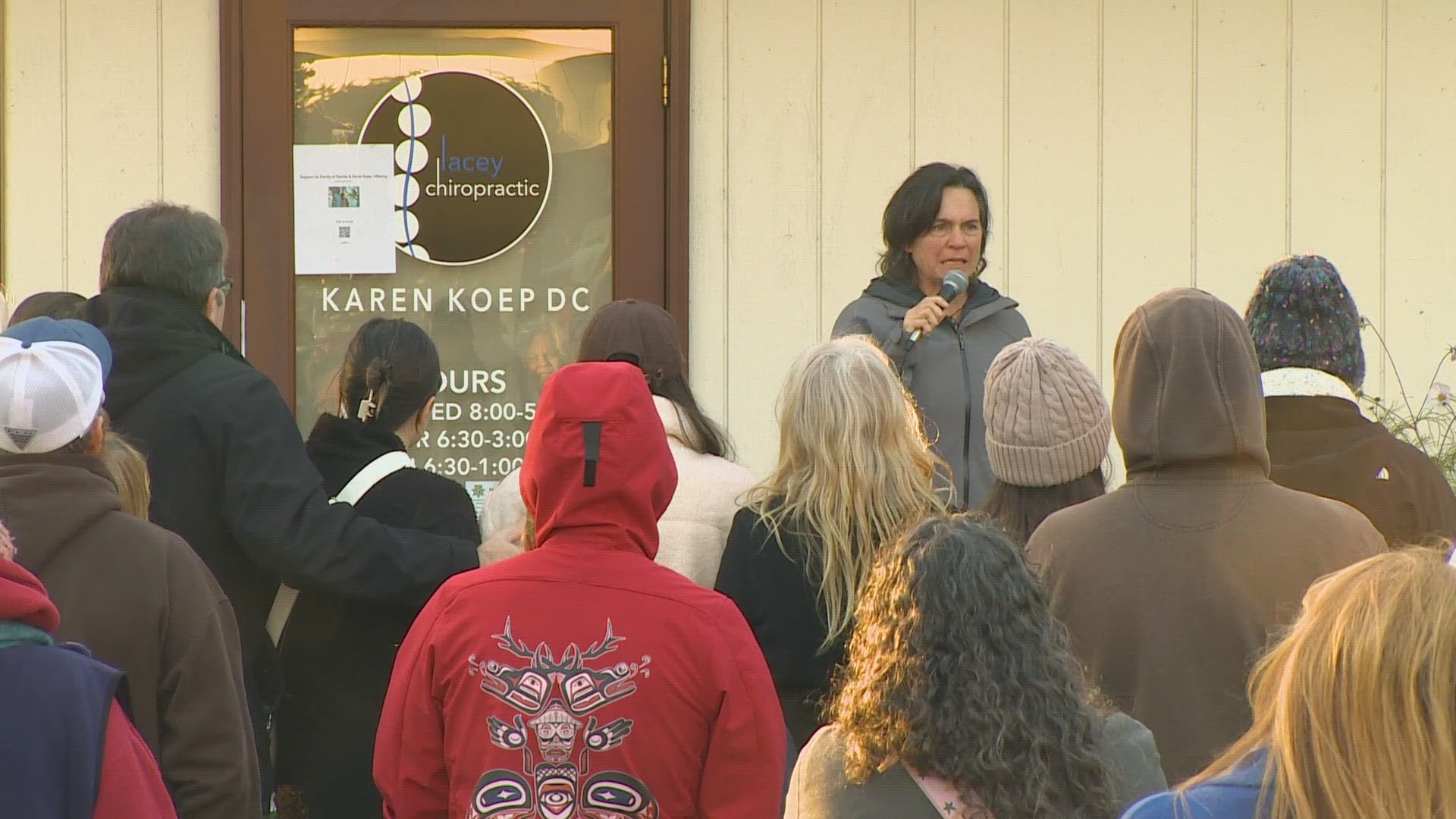 Friends and family gathered outside Karen Koep's chiropractic clinic for a candlelight vigil on Sunday afternoon.