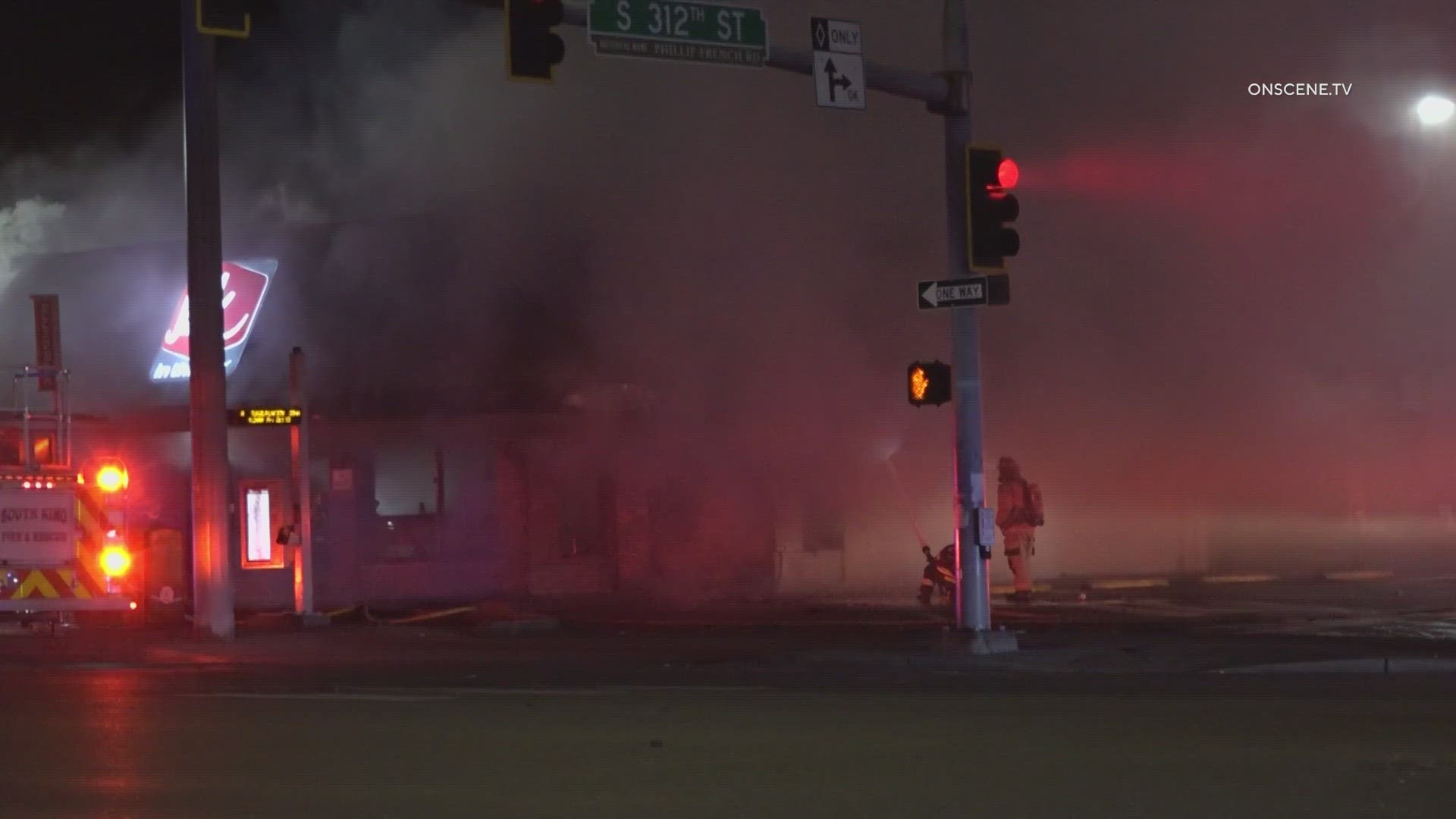 A car drove into a Jack-In-The-Box at 312th and Pacific Hwy in Federal Way and both the car and restaurant went up in flames