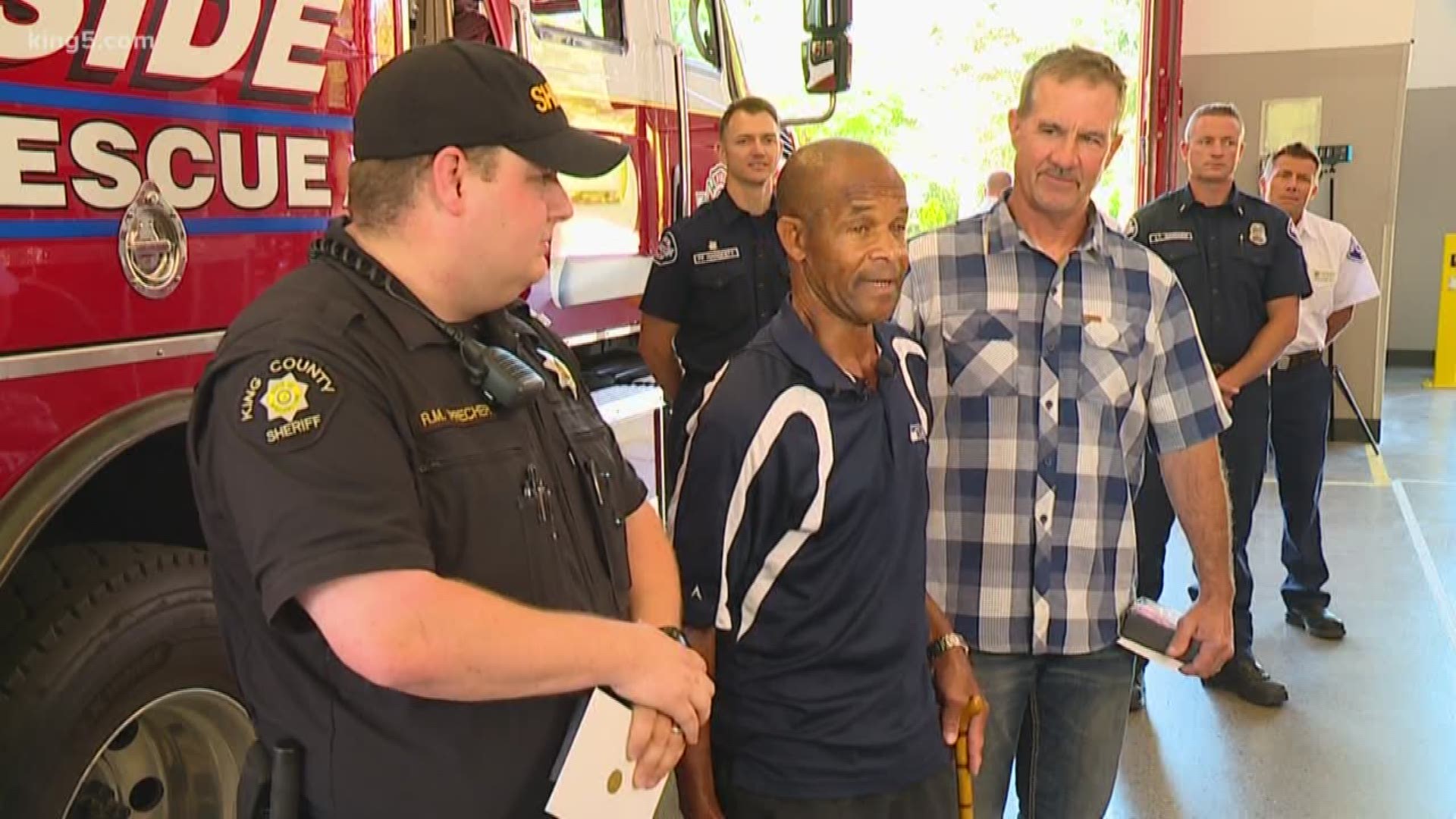 An emotional reunion in North Bend this morning between a truck driver and the two men that saved his life. KING 5's Sebastian Robertson was there.