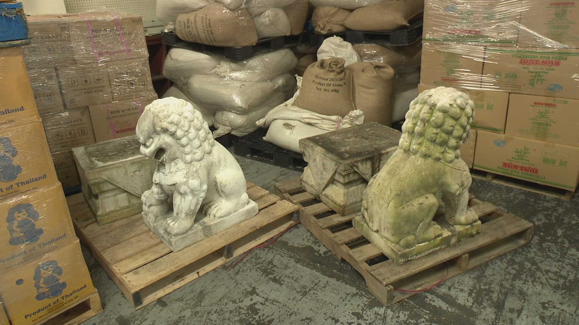 The two lion statues perched at the entrance of the supermarket for 41 years. Thanks to the care of others, they remain intact after the fire.