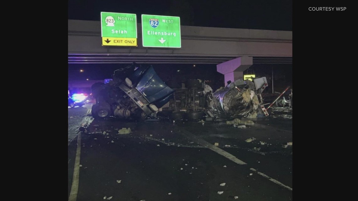 Semi goes off of overpass in Yakima