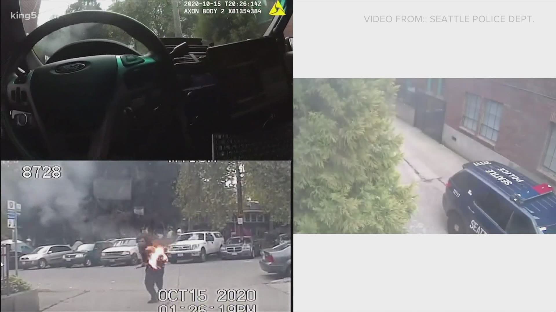 A suspect was arrested Thursday after he attacked an officer with a flaming piece of lumber in South Lake Union. Newly released video sows the moment it happened.