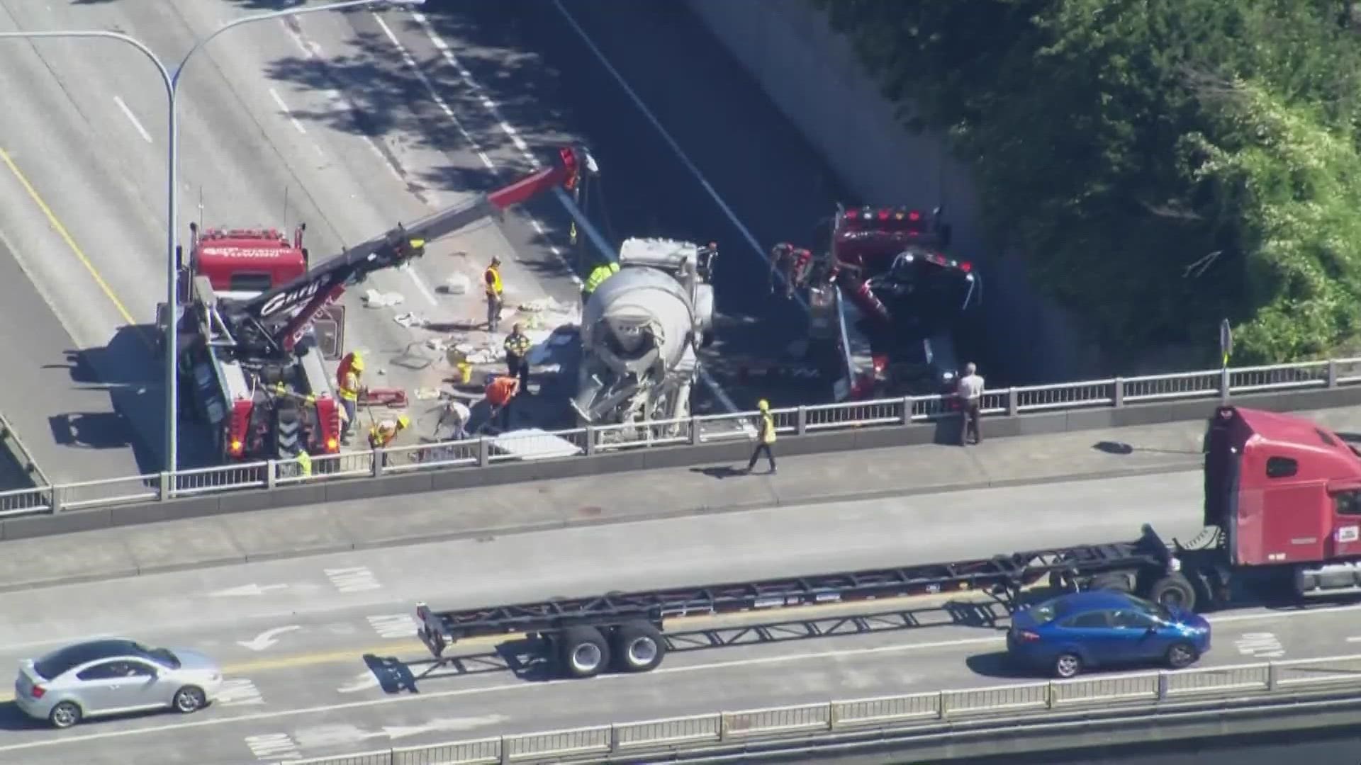 A cement truck rolled over on northbound I-5 near SR 520 Friday morning, causing lengthy backups in the area. All lanes reopened to traffic just after 11 a.m.