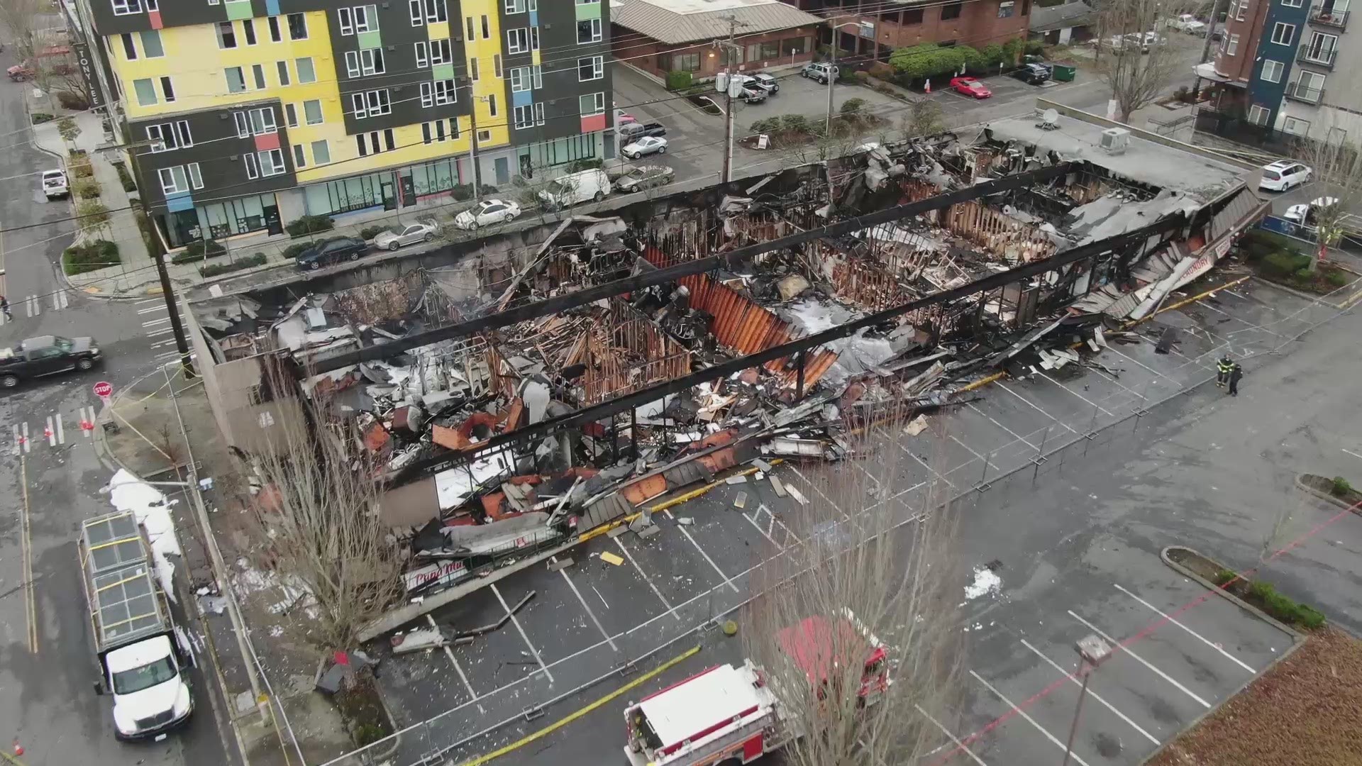 Several businesses were destroyed in a fire in Seattle's Lake City neighborhood on Dec. 28, 2020.