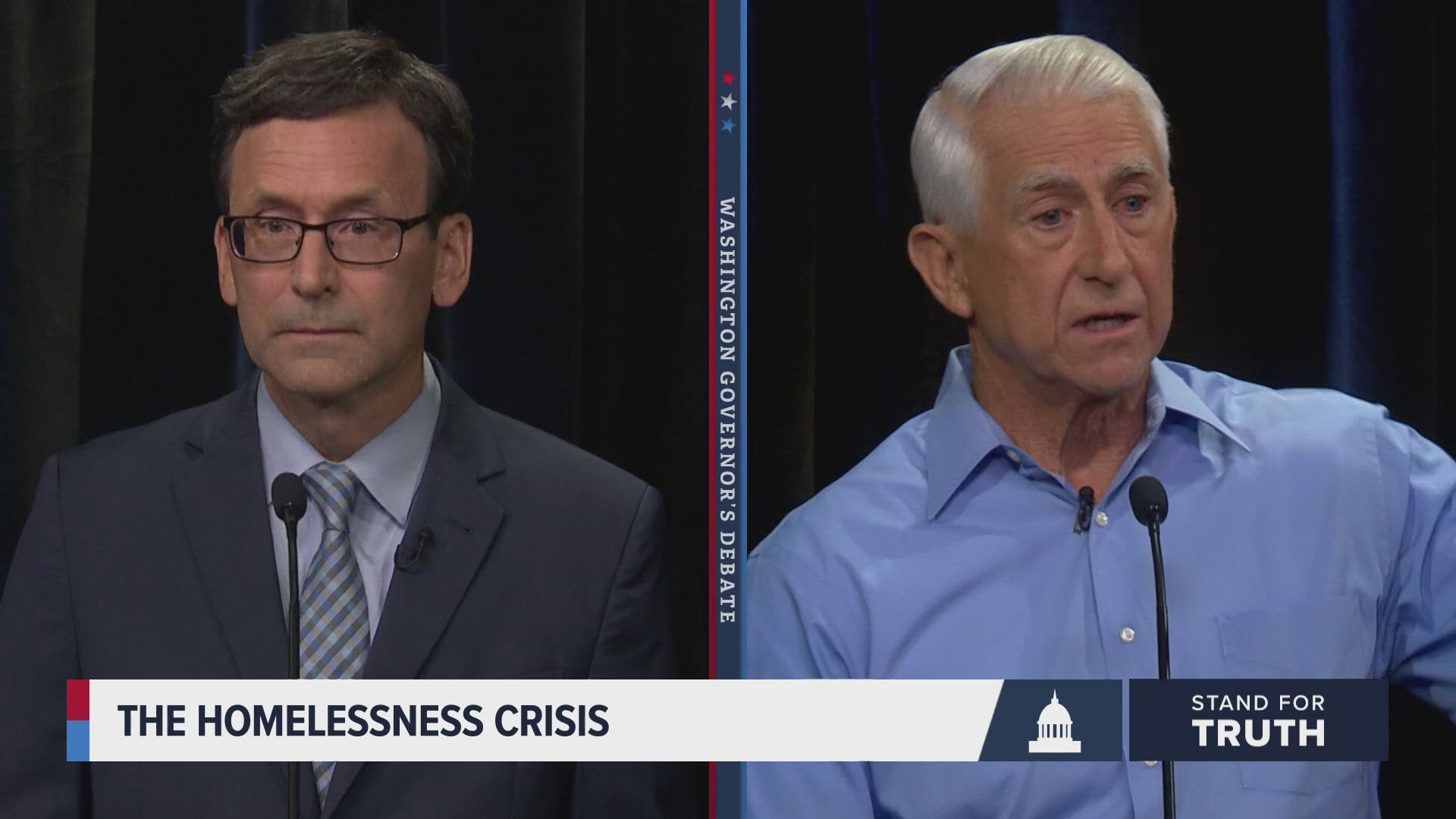 Washington state gubernatorial candidates Bob Ferguson, a Democrat, and Dave Reichert, a Republican, debate top issues such as public safety, homelessness and more.