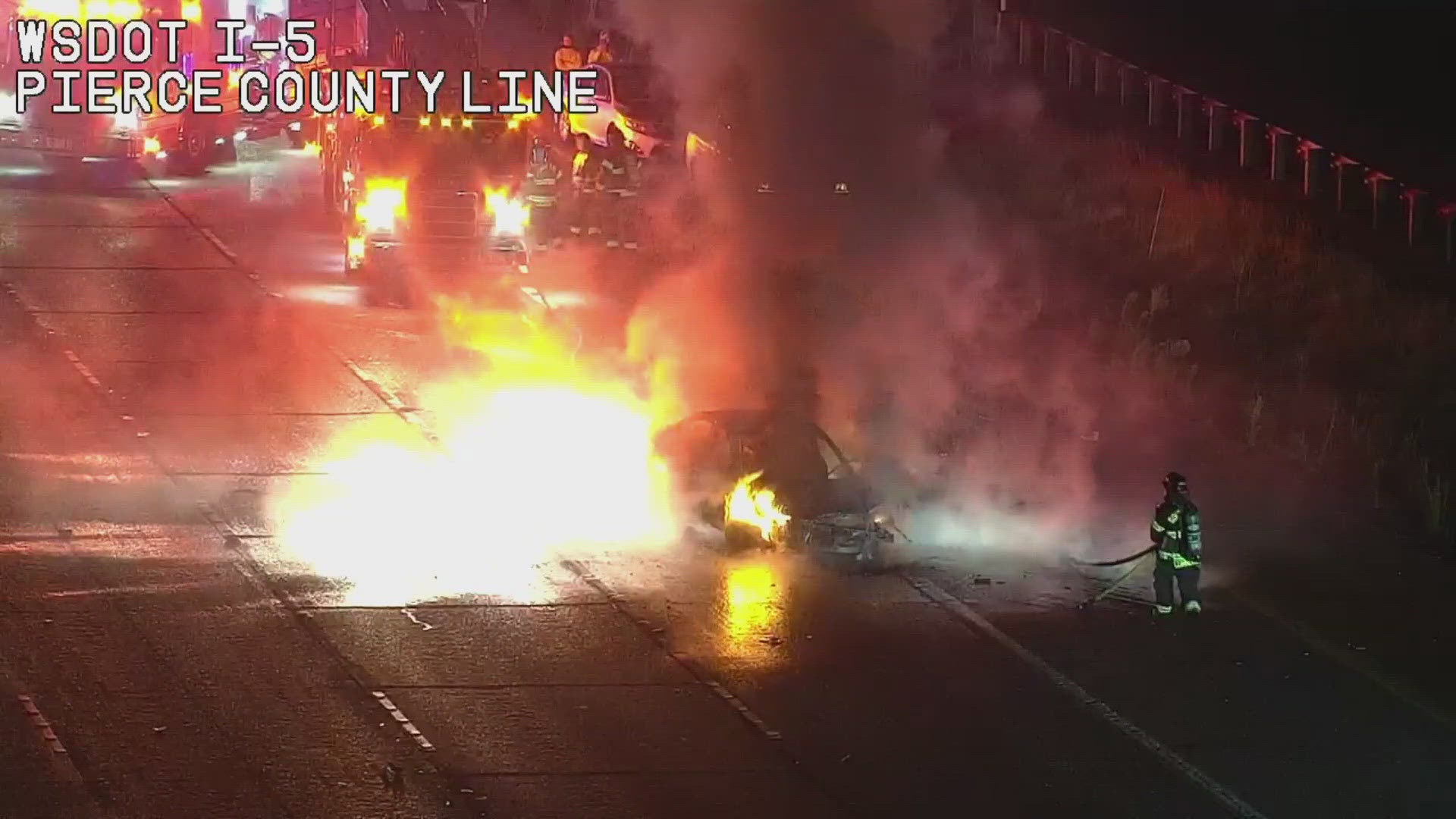 A fiery crash briefly shut down all southbound lanes of I-5 near the King/Pierce Co. border in Milton early Tuesday morning