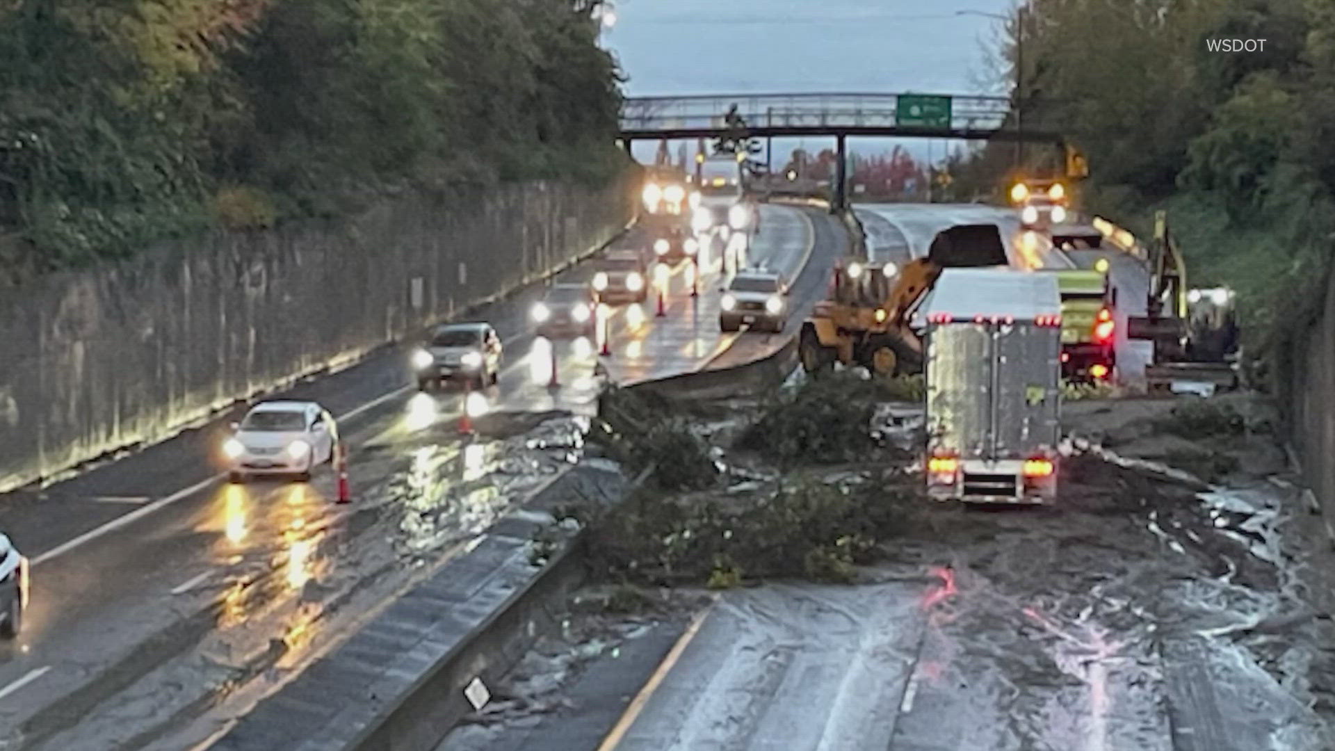 The Washington State Patrol said at least two vehicles were caught in the landslide, including a semi-truck. No injuries were reported.