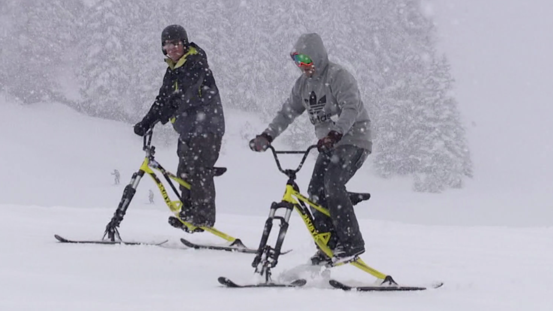 Skibyk is a new extreme winter sport at the summit is a cross between mountain biking, skiing, and snowboarding.
