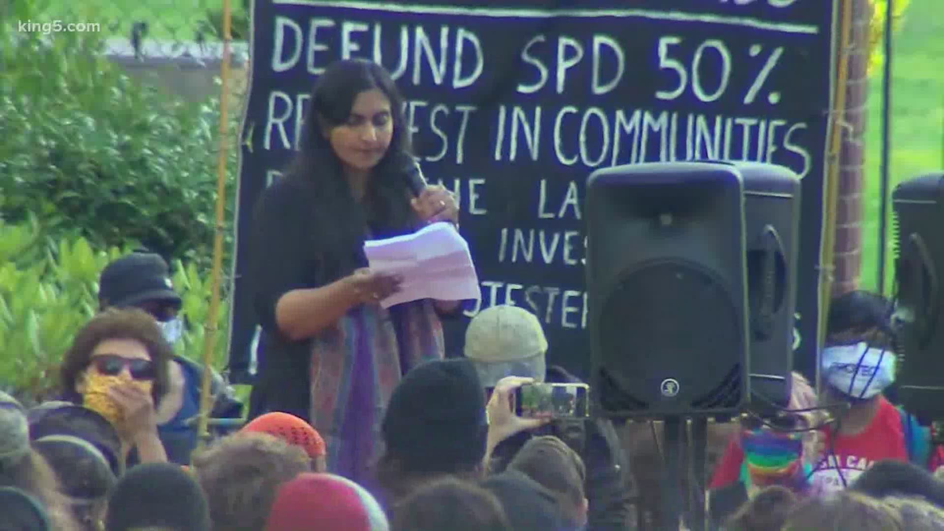 Seattle City Councilmember Kshama Sawant joined a large group of protesters outside the CHOP zone who marched to Durkan's house on Sunday afternoon.
