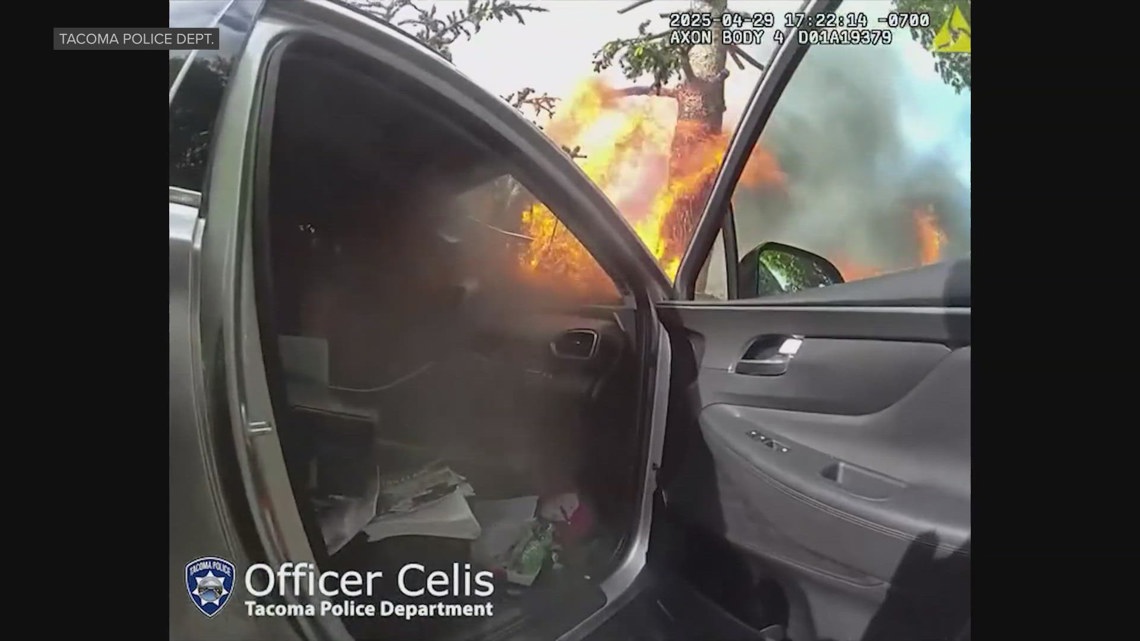 Tacoma police officer saves man from burning car | king5.com