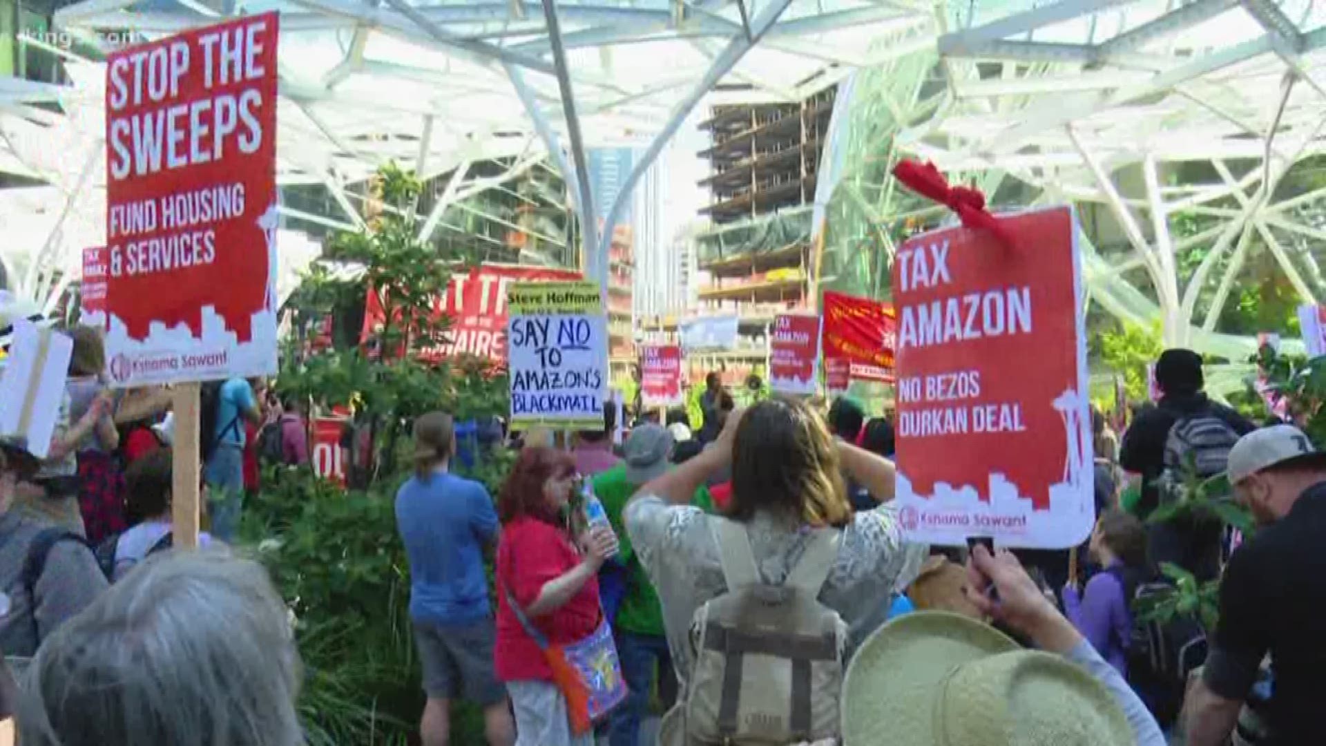 Supporters of the head tax on big business marched to the Amazon campus Saturday. Amazon has been at the center of the controversy, after it paused two major building projects, pending the outcome of the vote. KING 5's Michael Crowe reports.