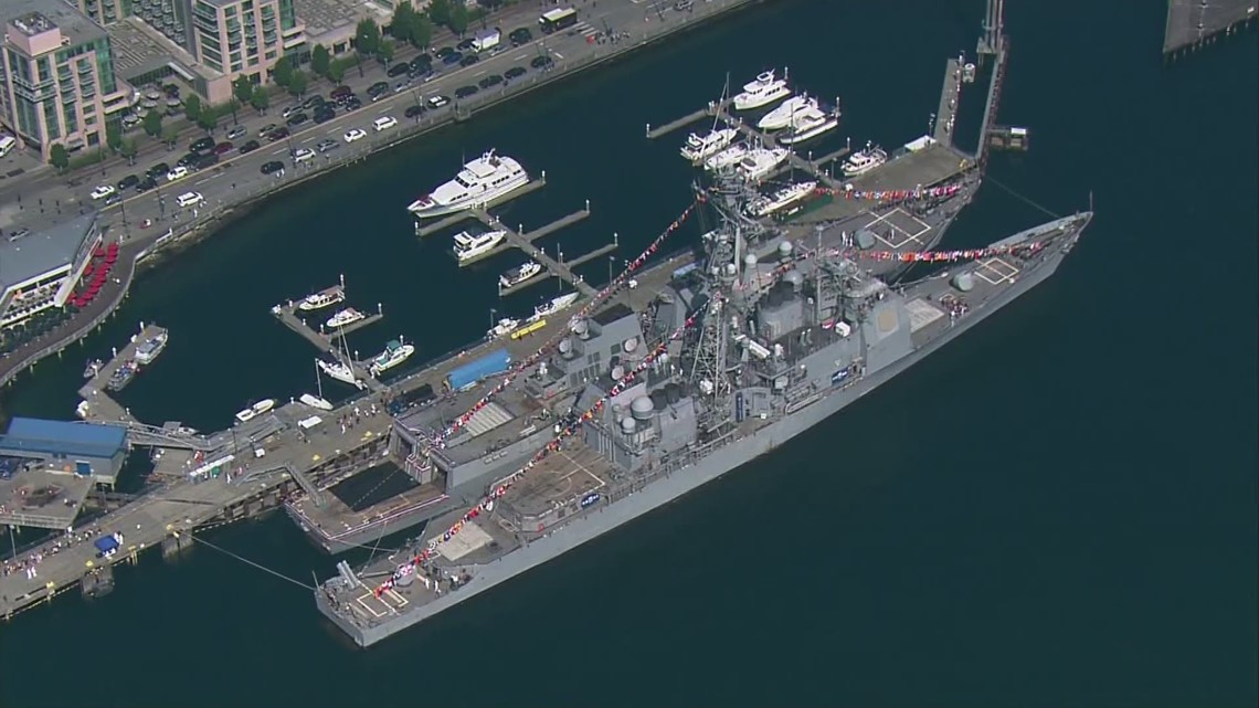 Aerials of US Navy ship on Seattle waterfront for Seafair Fleet Week