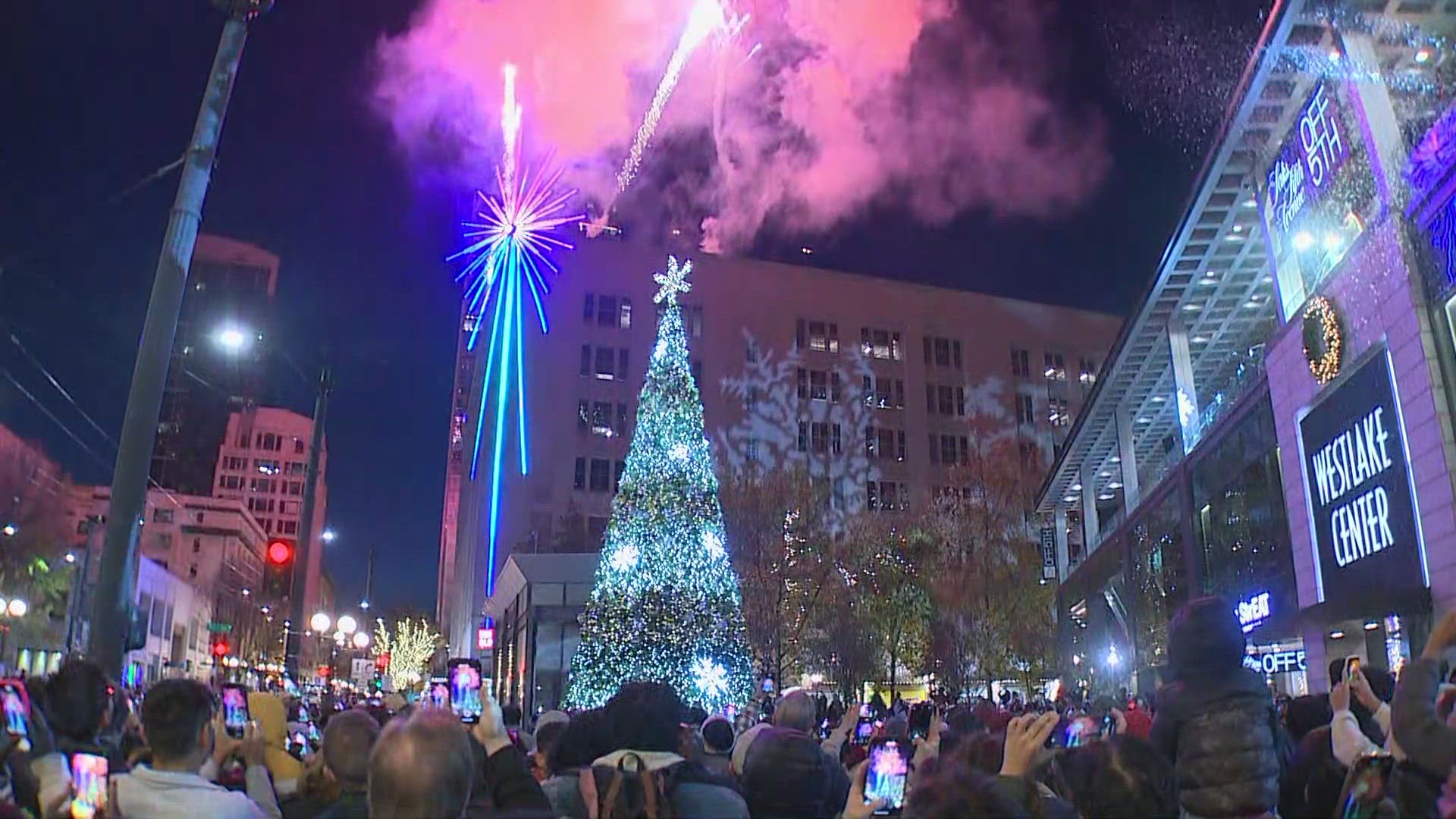 The Downtown Seattle Association hosts the annual holiday tree lighting at Westlake Park on Nov. 29, 2024.