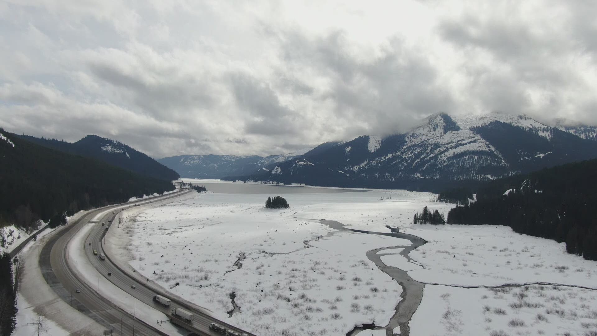 Drone footage from Snoqualmie Pass on March 2, 2021, showing significant snowfall.