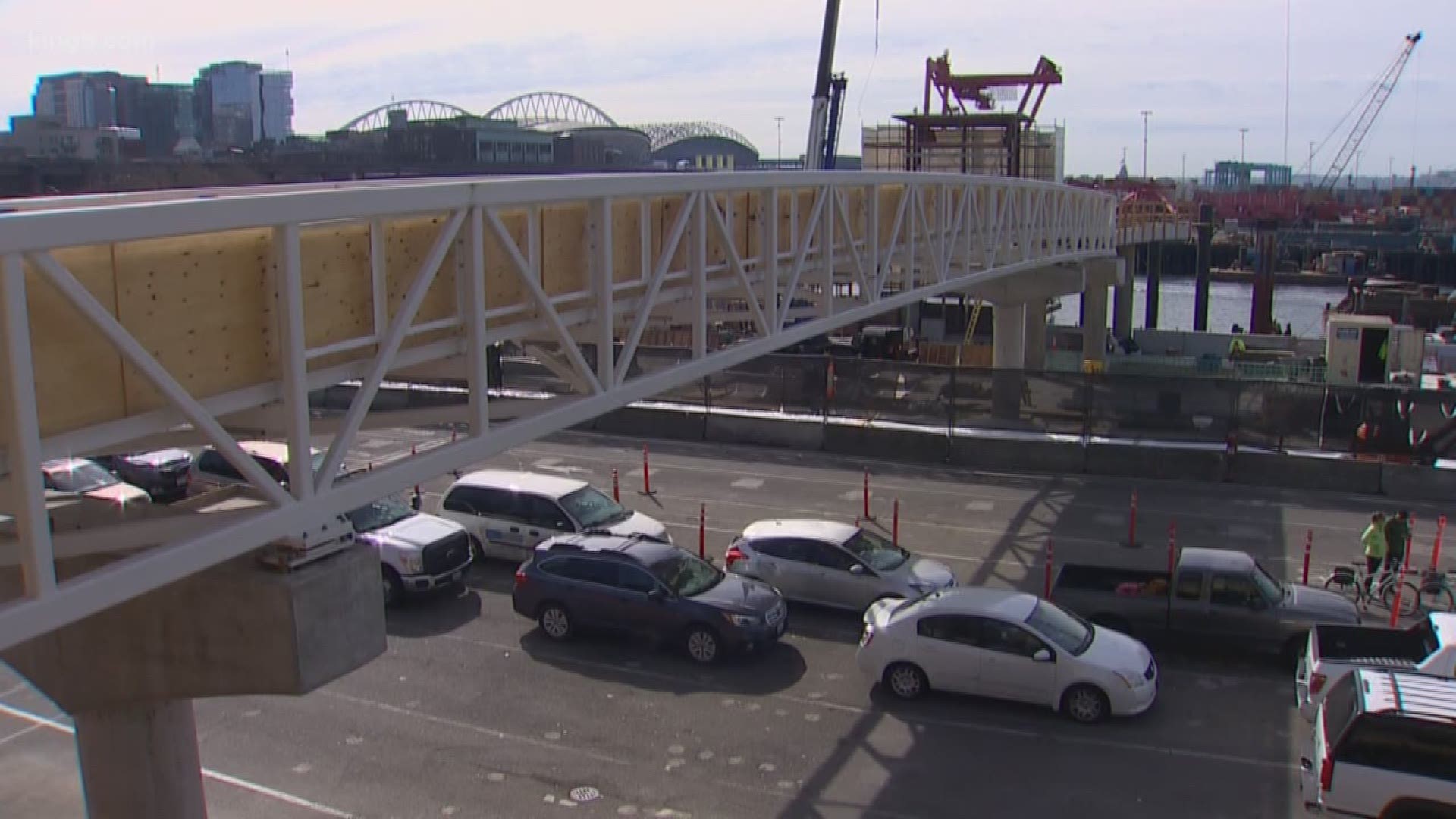 Many of the car waiting lanes will be reconfigured or closed through mid-summer. That will help make way for work on a footbridge that will connect a temporary Marion Street Bridge to the new terminal building.