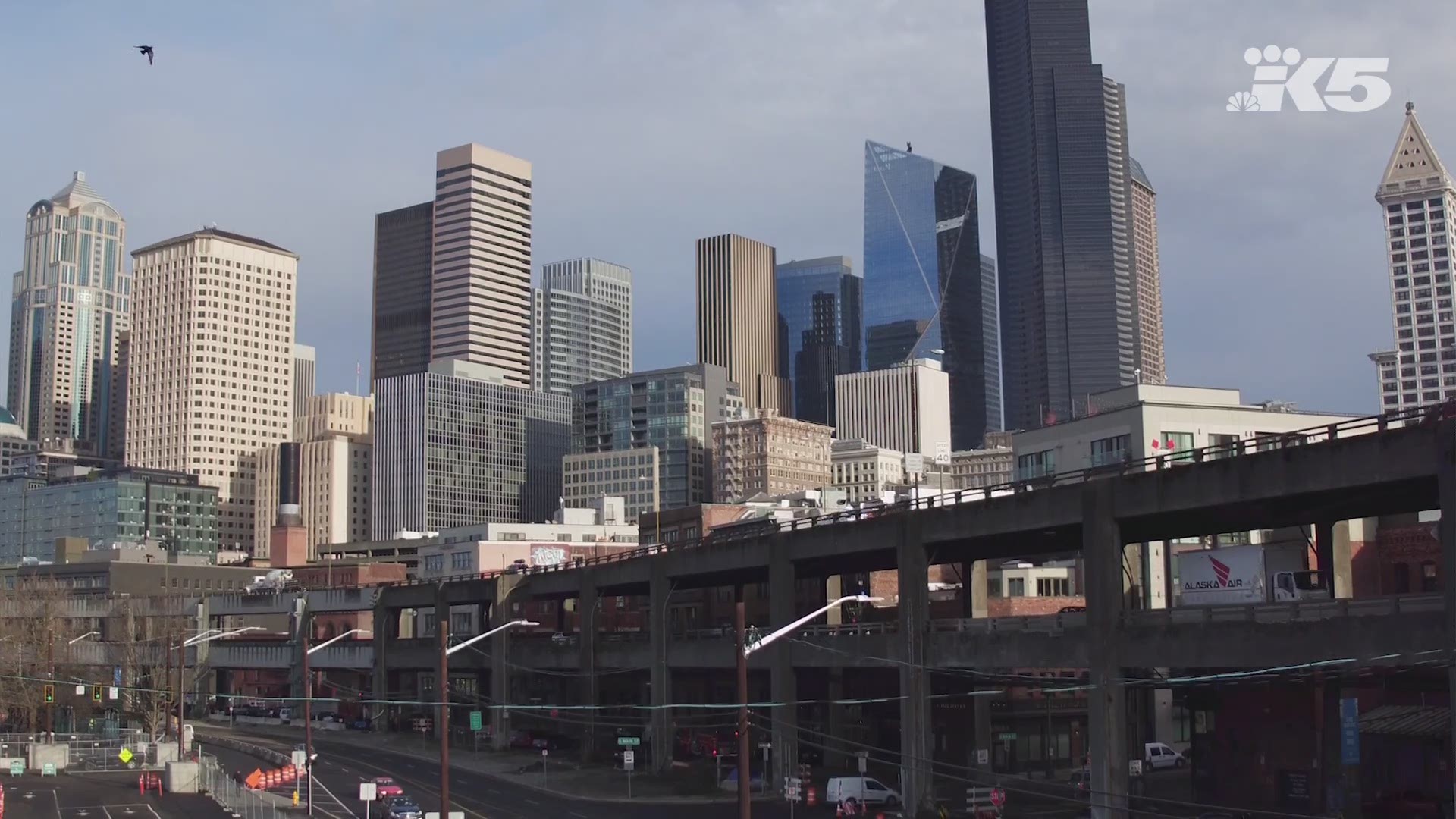 Take in an aerial view of the Alaskan Way Viaduct in Seattle.