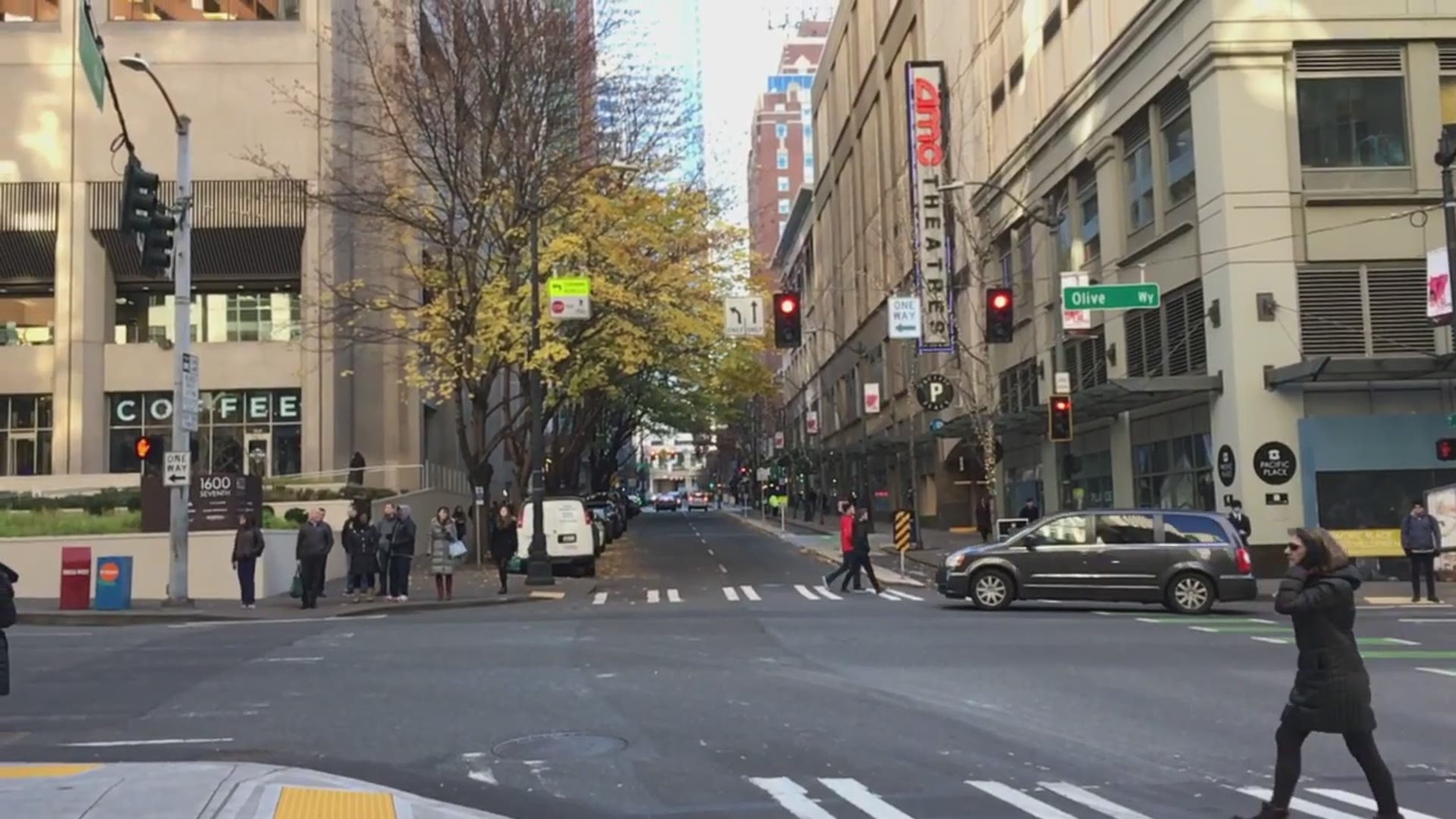 Here's an example of how leading pedestrian intervals work at 7th Avenue and Olive Way in downtown Seattle. Pedestrians get a few seconds head start in the crosswalk before turning traffic gets a green light.