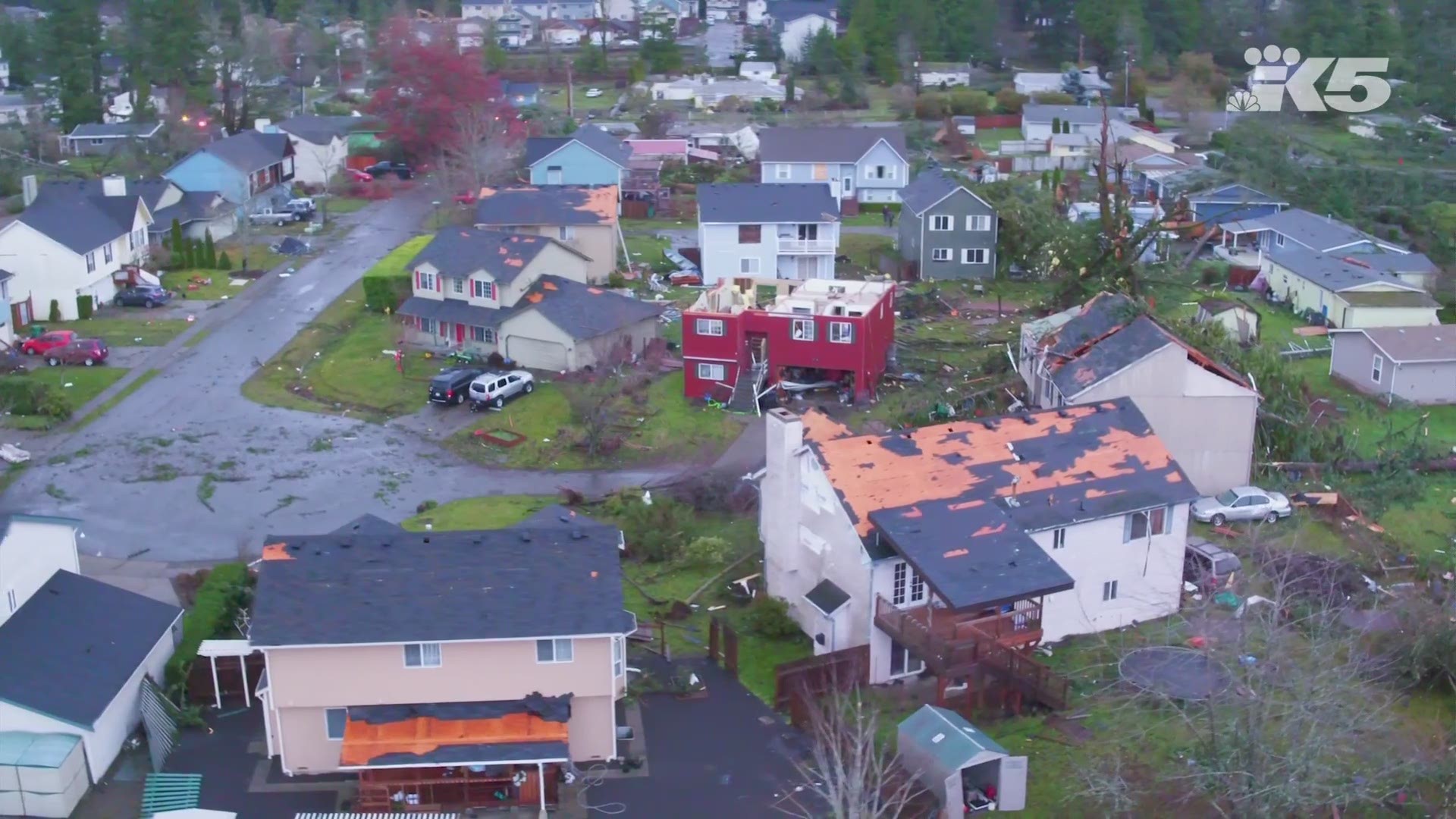 Drone footage shows damage to homes and structures after a tornado swept through Port Orchard on Tuesday.