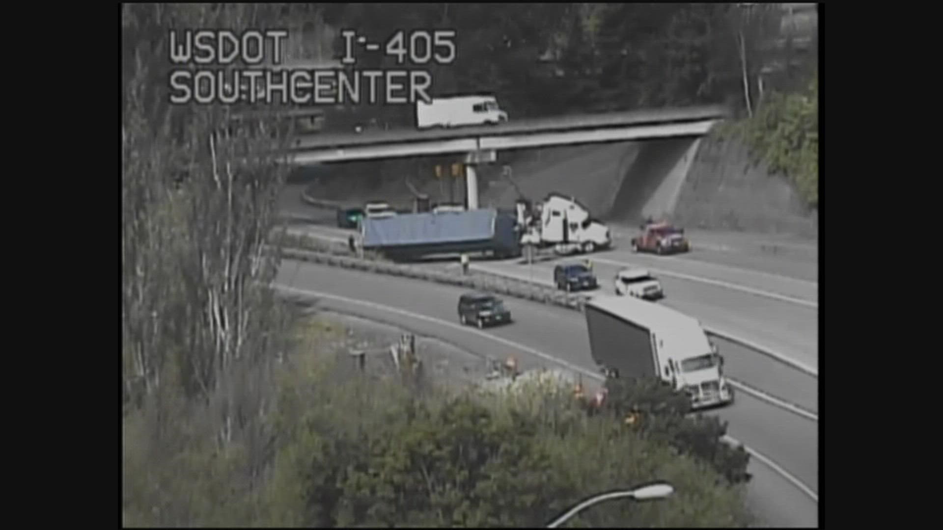 A semi-truck tipped over on northbound I-405 blocking traffic on June 8, 2022.