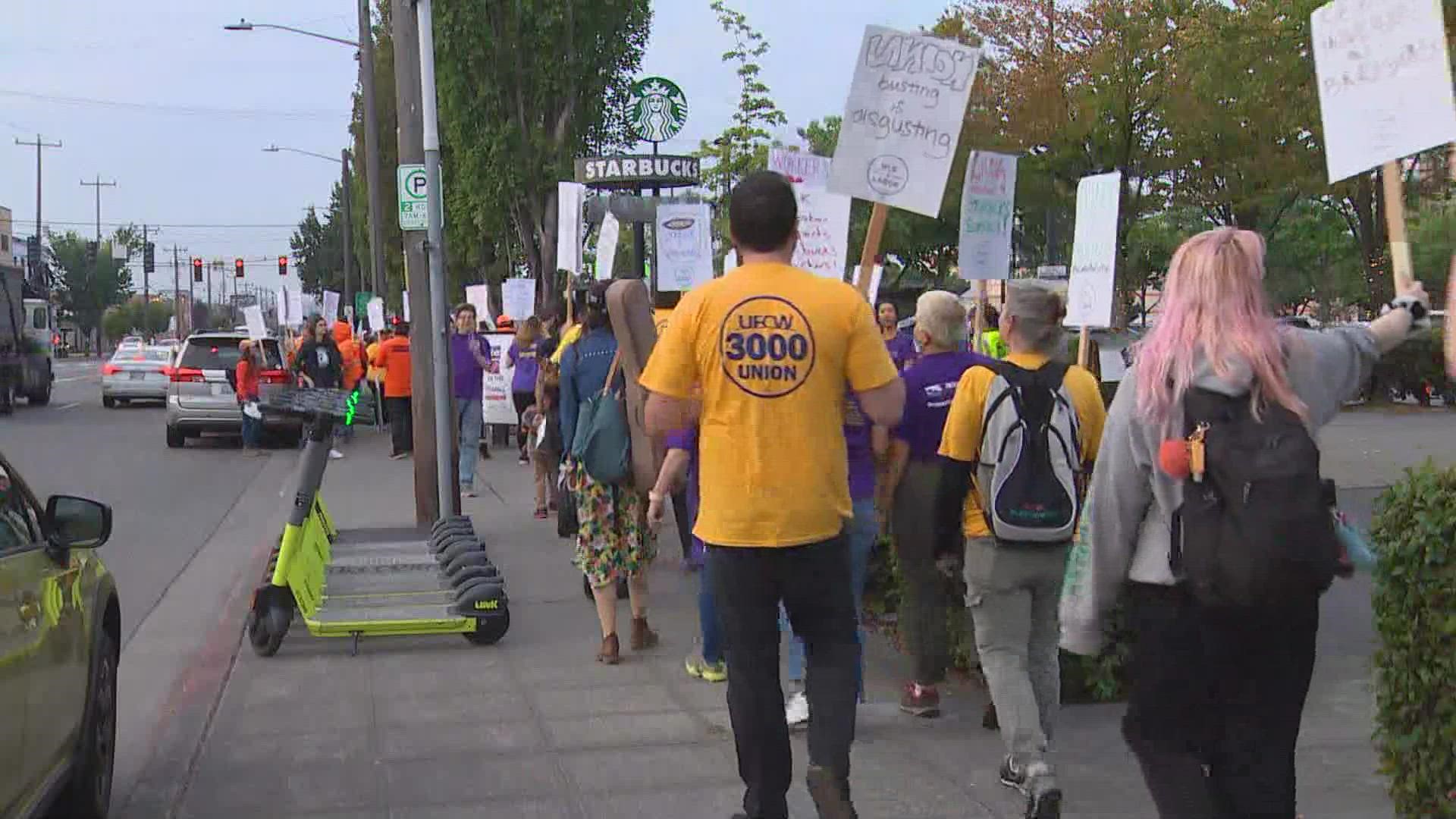 Hundreds of protesters gathered outside Starbucks headquarters in Seattle Tuesday morning demanding employees be invited to the company’s "Investor Day” event.