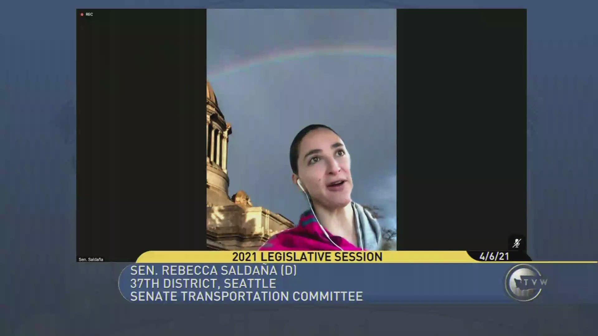State Senator Rebecca Saldana spoke during a virtual Senate Transportation Committee meeting wearing headphones while driving Tuesday.
