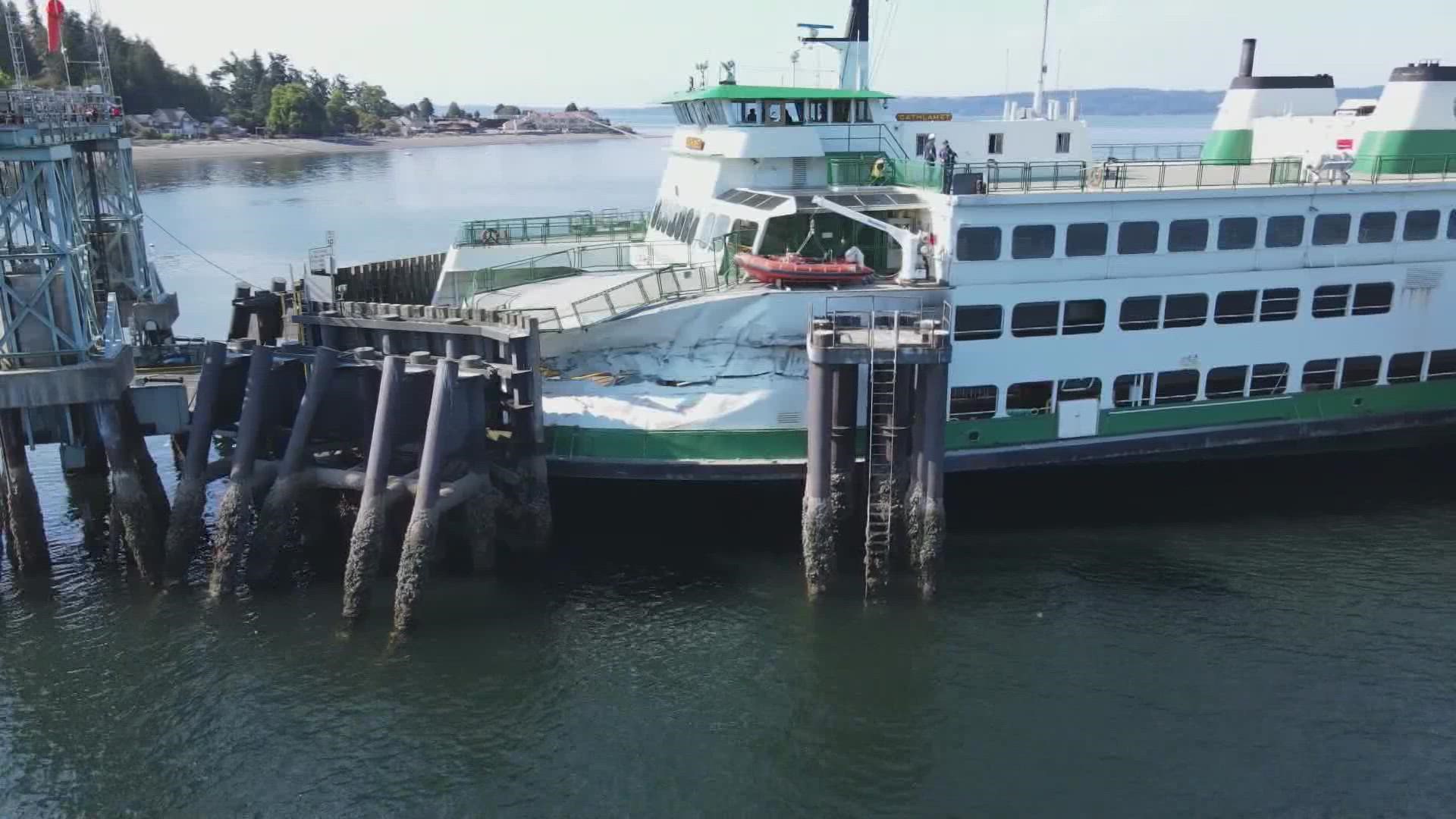 A ferry collided with an offshore dolphin, a terminal structure that helps guide ferries, at the Fauntleroy terminal in West Seattle Thursday morning.