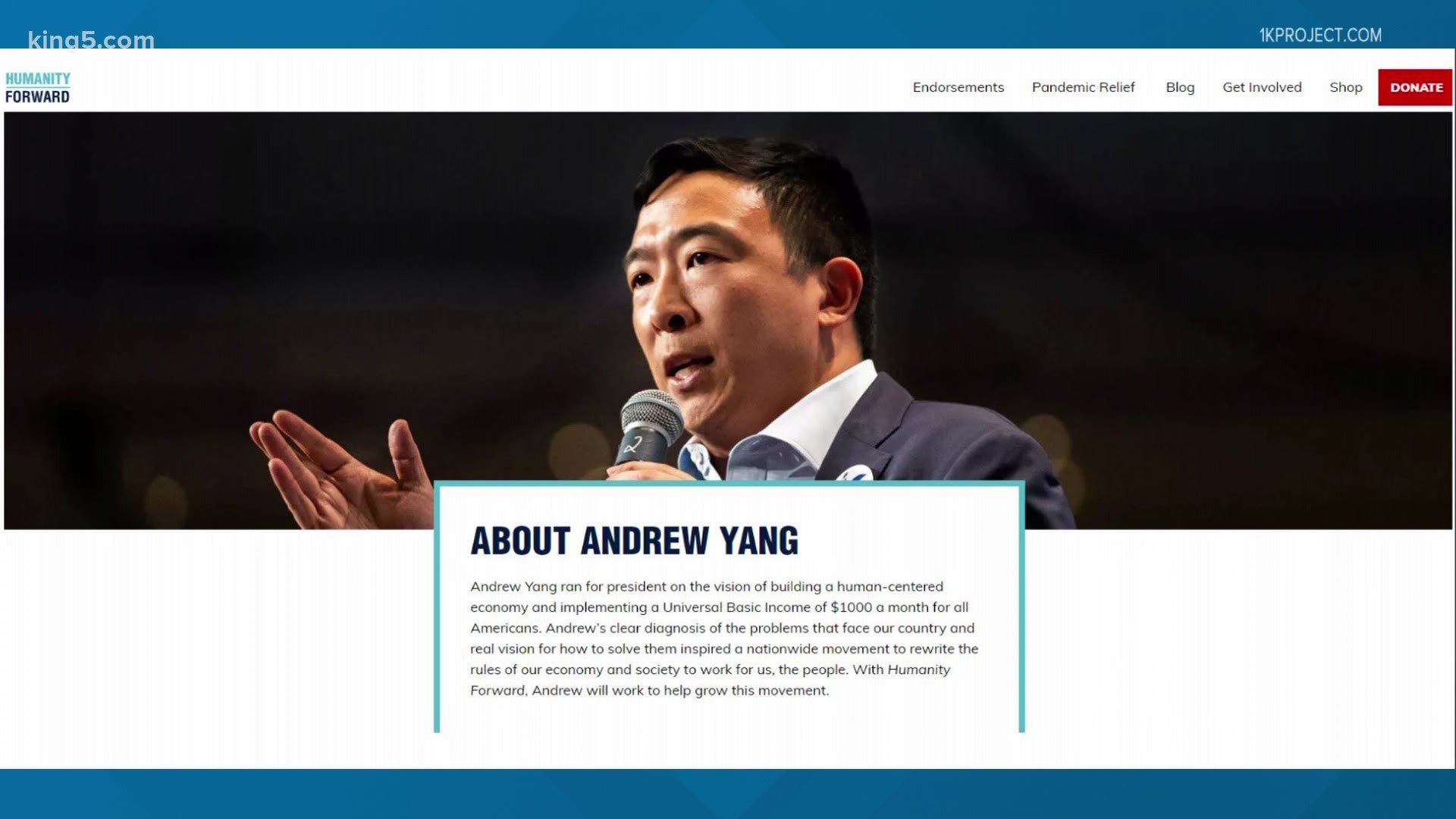 Andrew Yang is backing the Seattle-based 1K Project, which offers pandemic assistance, and will match donations through his Humanity Forward Foundation.