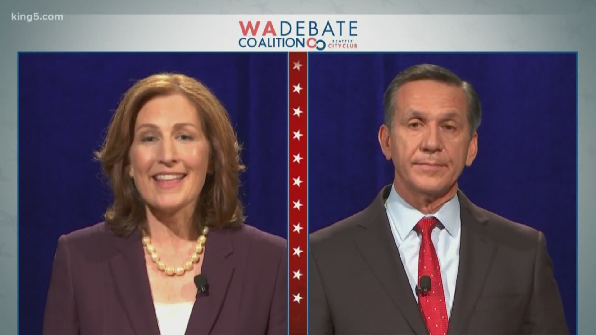 Former state Sen. Dino Rossi, a Republican, and pediatrician Kim Schrier, a Democrat, faced off in a debate Wednesday night in Ellensburg as they battle for an open seat in the 8th Congressional District.