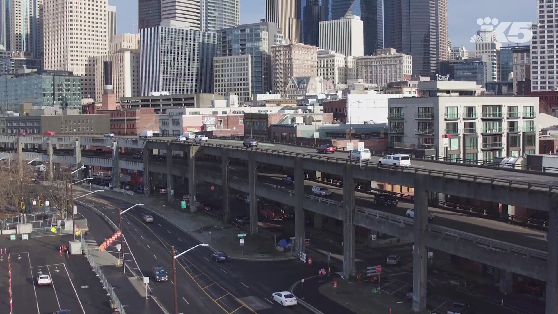 Take in an aerial view of Seattle’s Alaskan Way Viaduct on January 11, 2018.