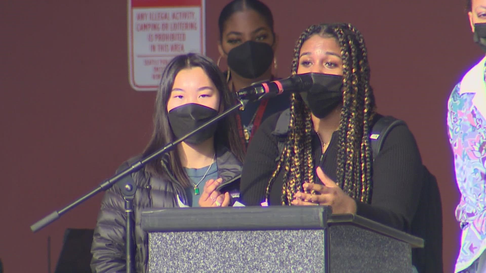 Students of Seattle Public School are conducting a "sickout" outside the district's headquarters Friday to demand more safety amid the recent COVID surge.