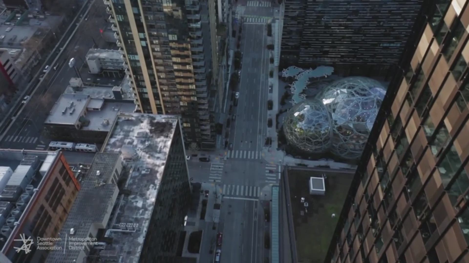 Drone footage of empty downtown Seattle streets, courtesy of the Downtown Seattle Association.